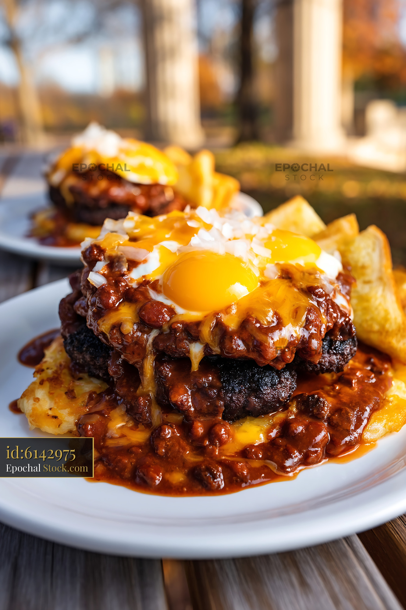 St. Louis Slinger Burger with Fried Egg and Fries - stock photo