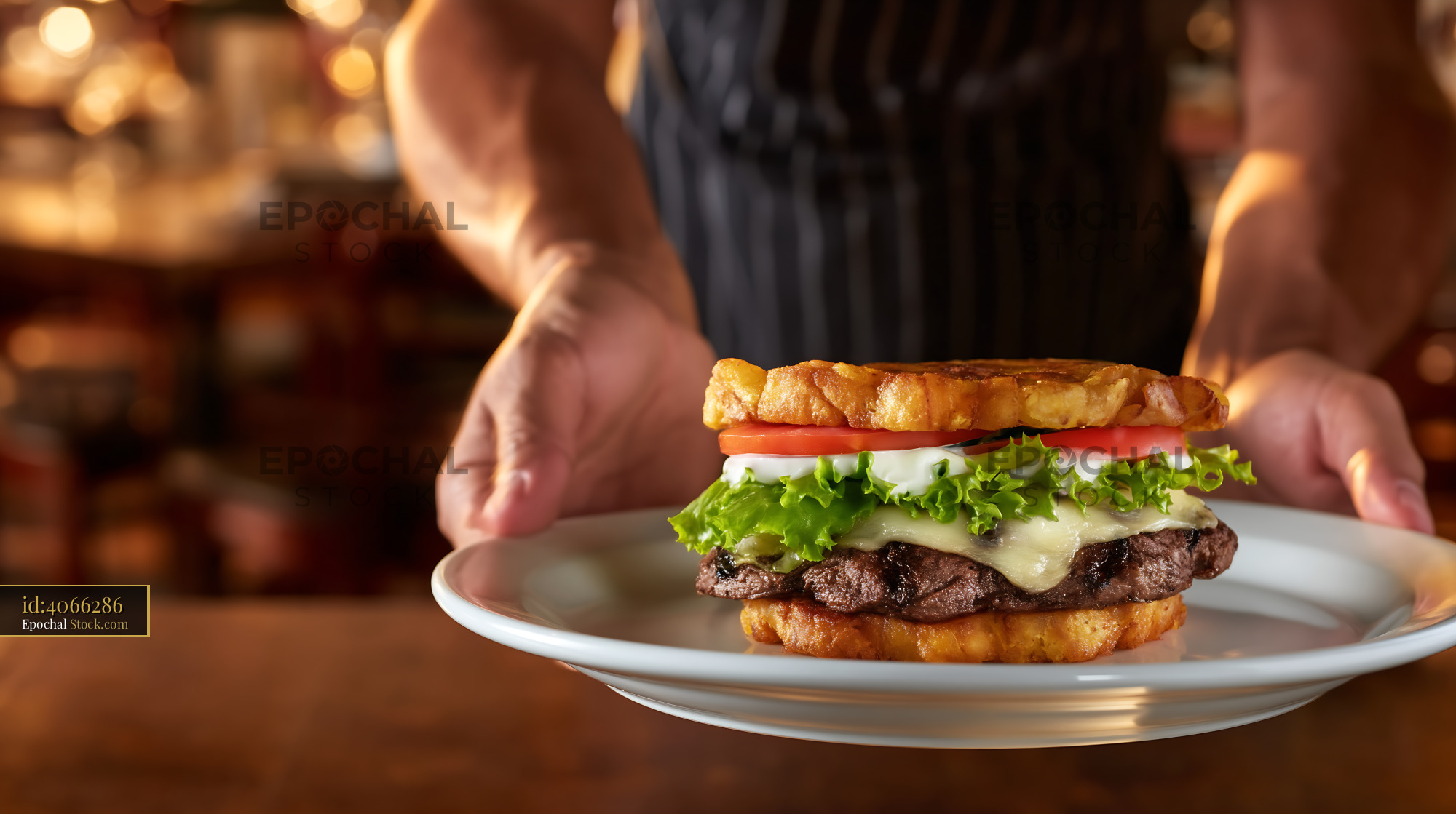 Jibarito Burger Presented on Plate in Warm Caf? Lighting - stock photo