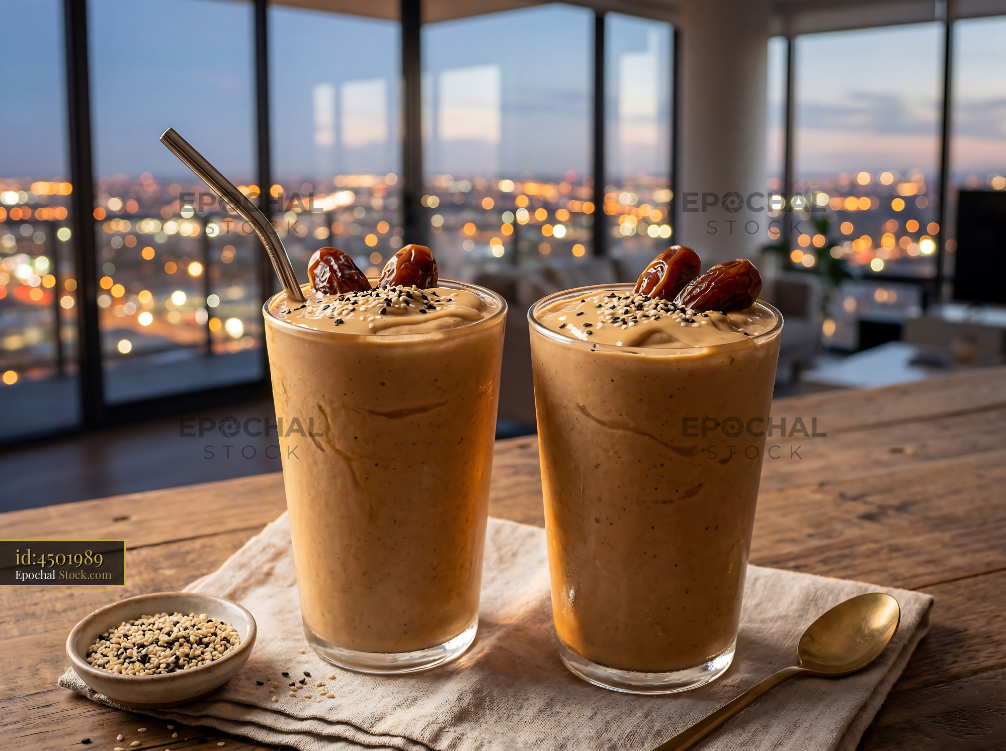 Tahini Date Shake with City Lights View - stock photo