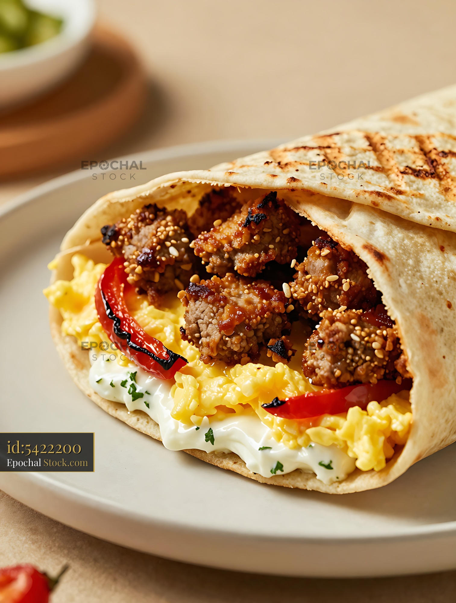 Goetta Breakfast Wrap with Eggs and Peppers - stock photo