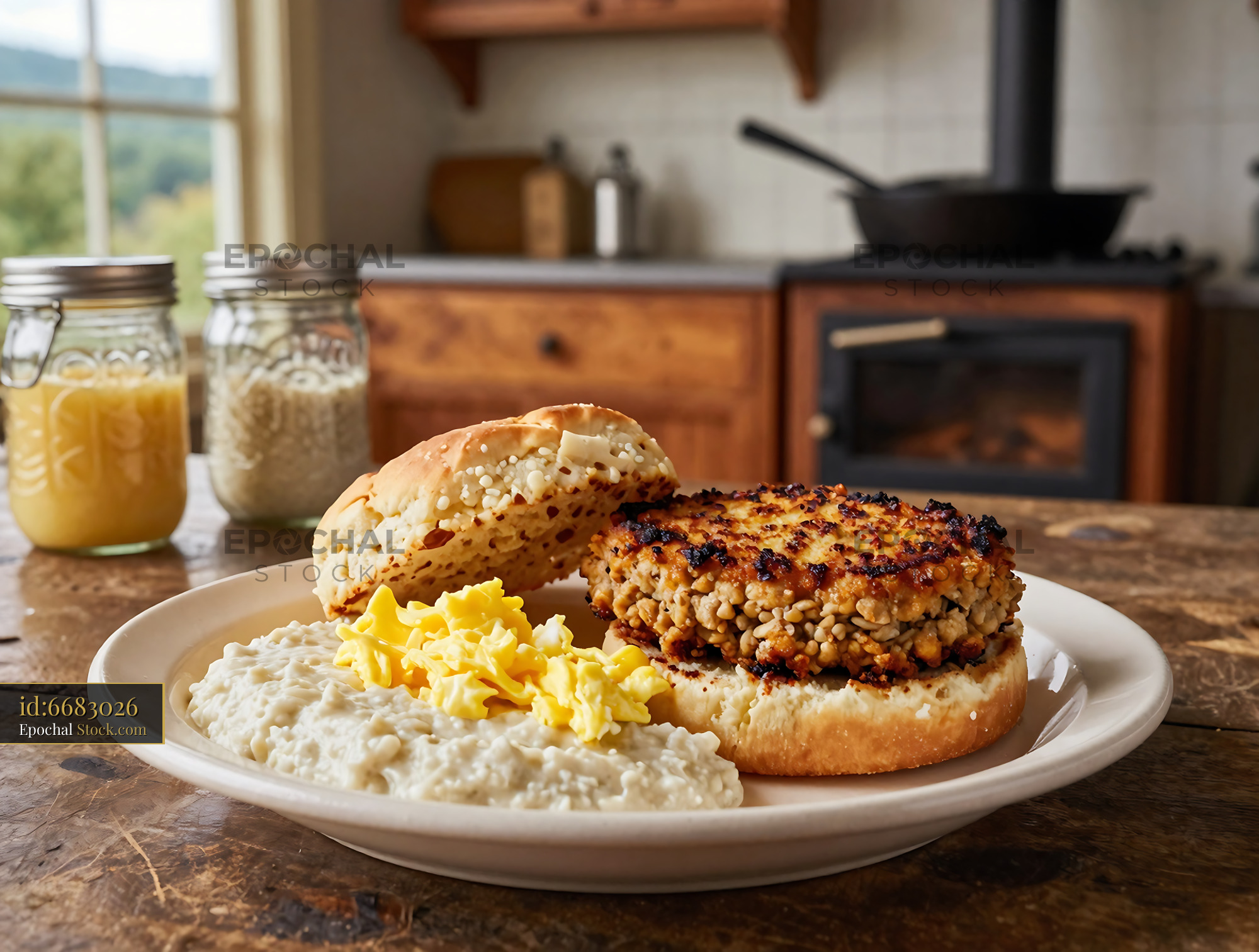 Seeded Veggie Burger with Scrambled Eggs - stock photo