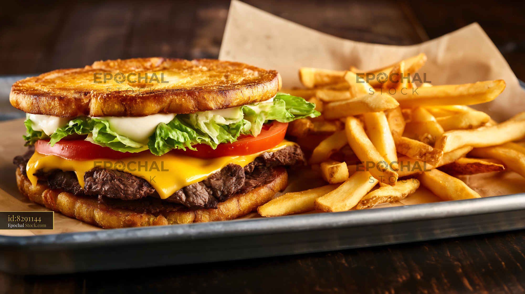 Crispy Jibarito Burger with Golden French Fries - stock photo