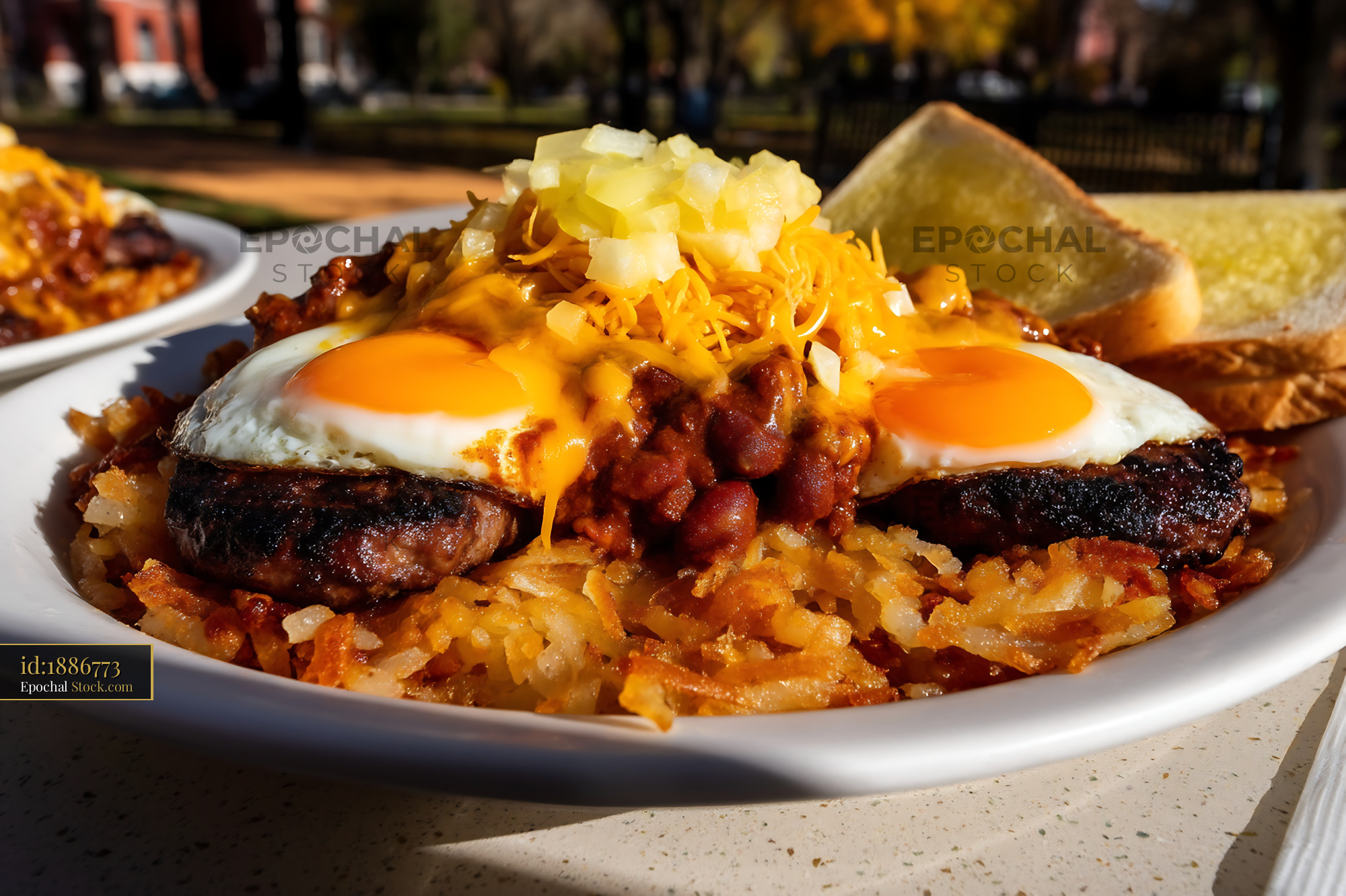 St. Louis Slinger Breakfast with Fried Eggs - stock photo