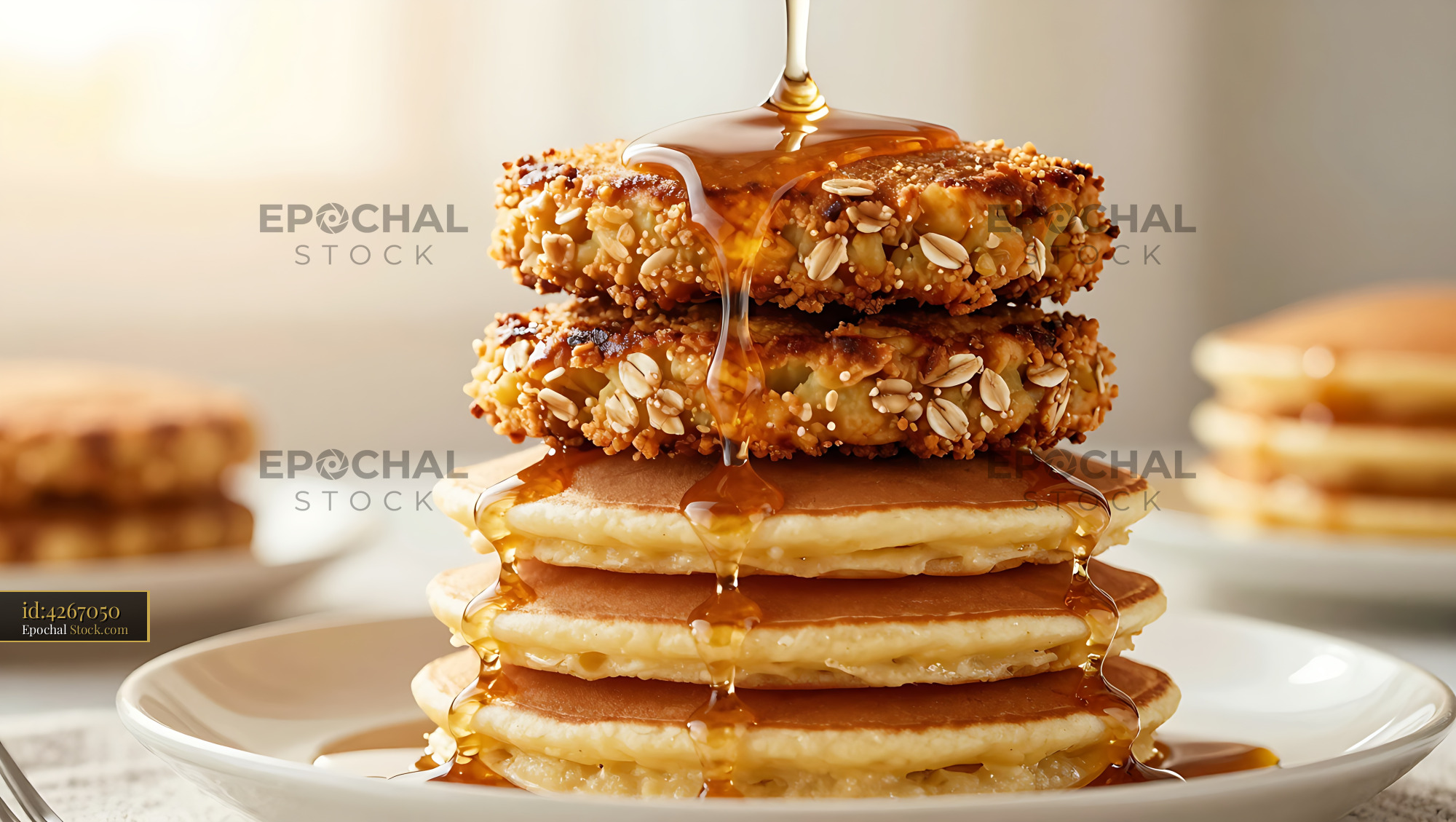 Goetta and Pancake Stack with Honey Drizzle in Warm Breakfast Light - stock photo