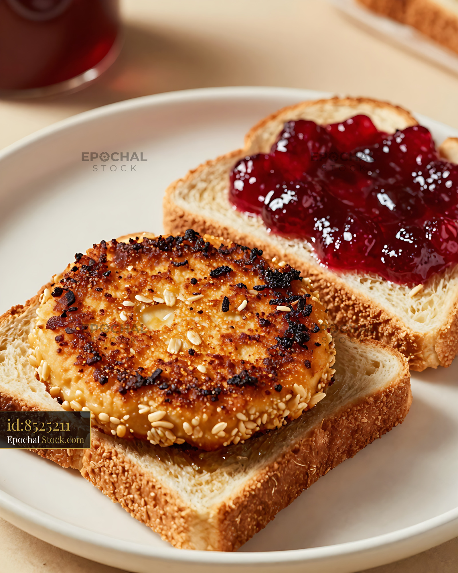 Goetta Breakfast Sandwich on Toasted Bread with Sesame and Jam - stock photo