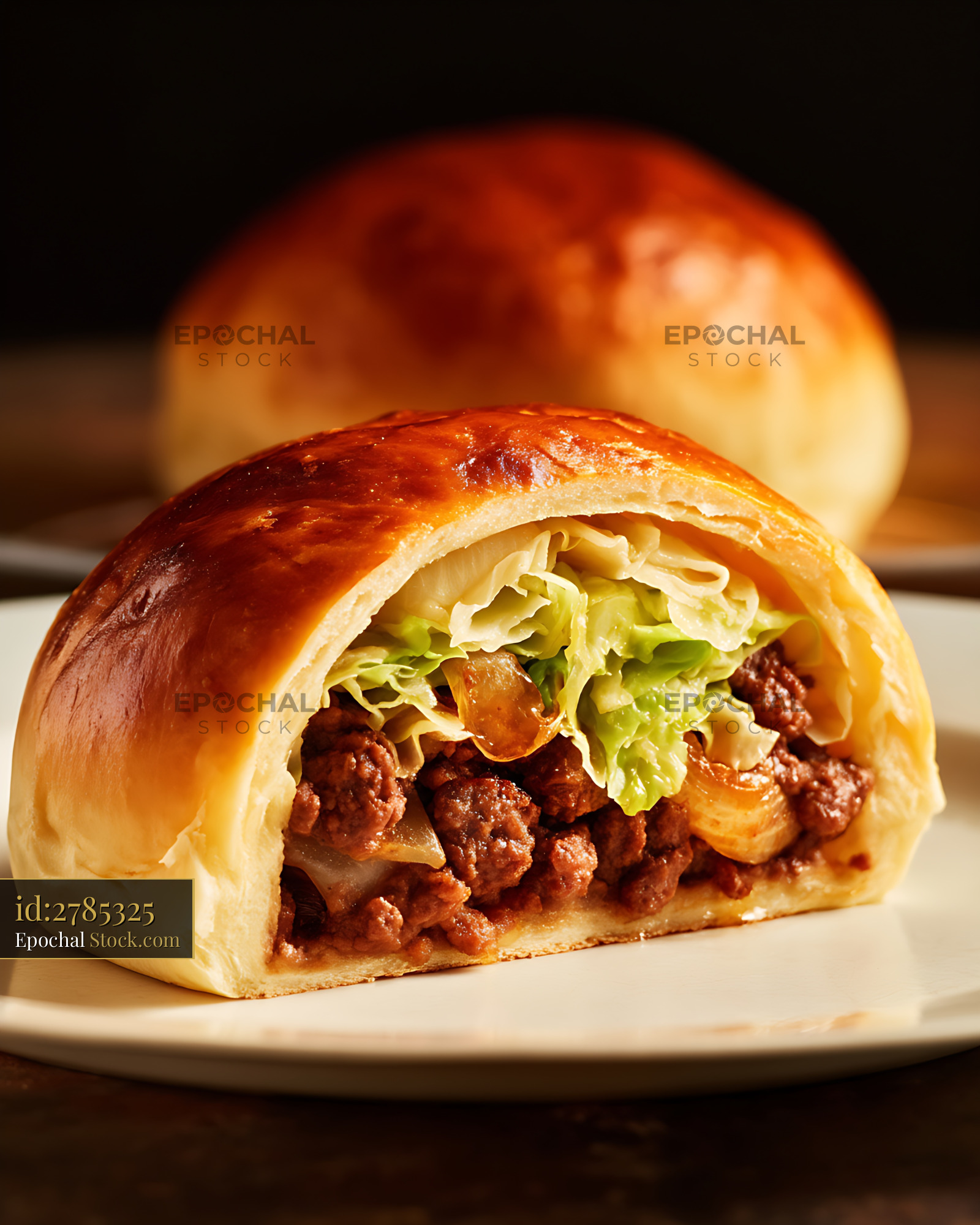 Bierocks Stuffed with Ground Meat and Cabbage, Golden Baked Pastry - stock photo