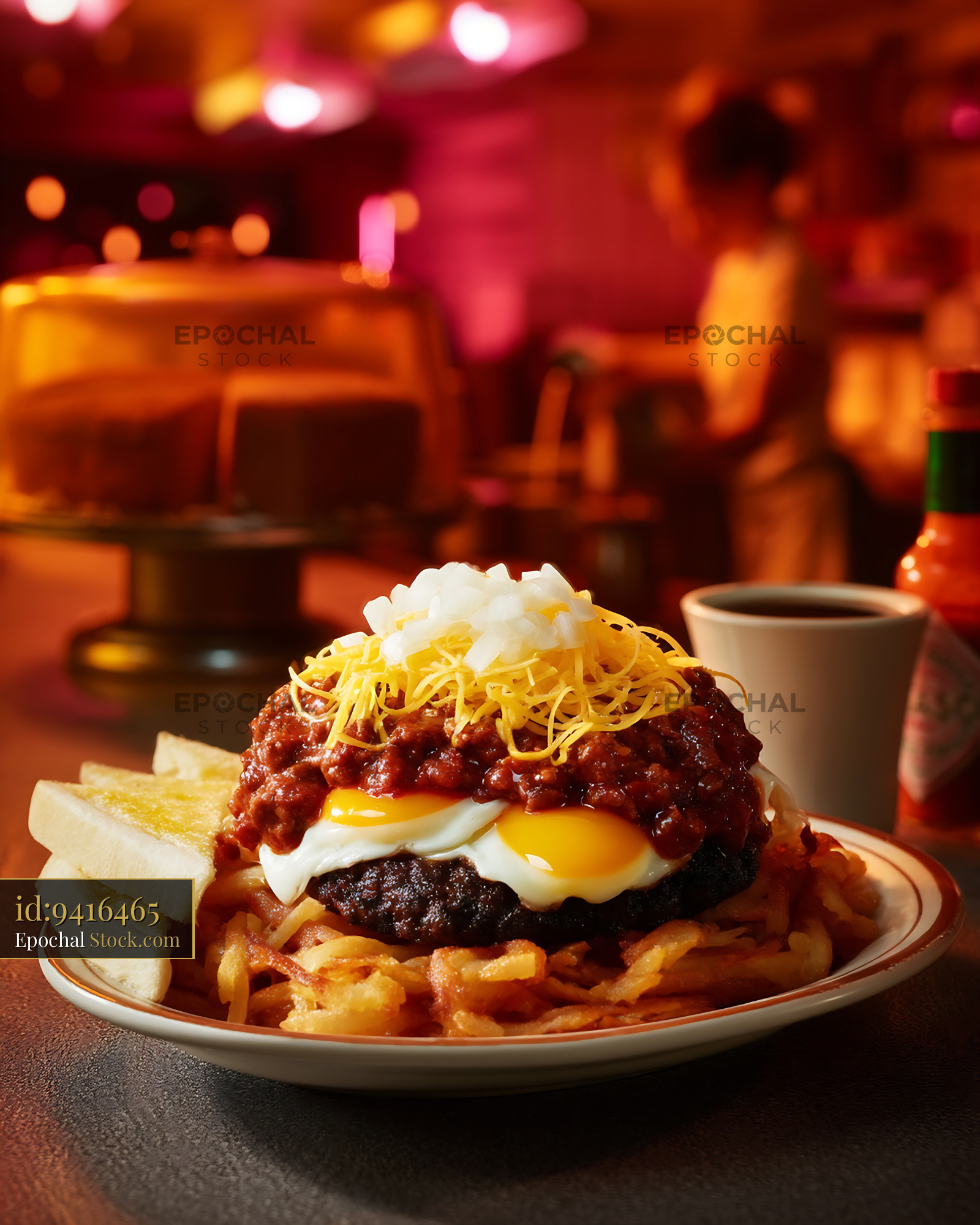 St. Louis Slinger Burger with Chili and Fried Eggs - stock photo