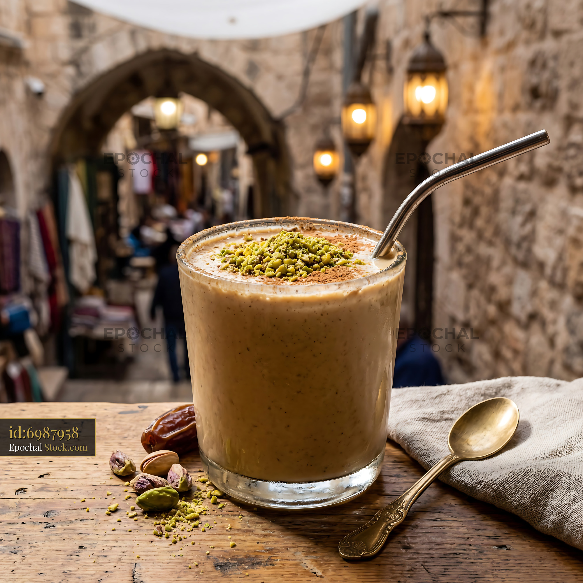 Pistachio Tahini Date Shake in Old Medina - stock photo