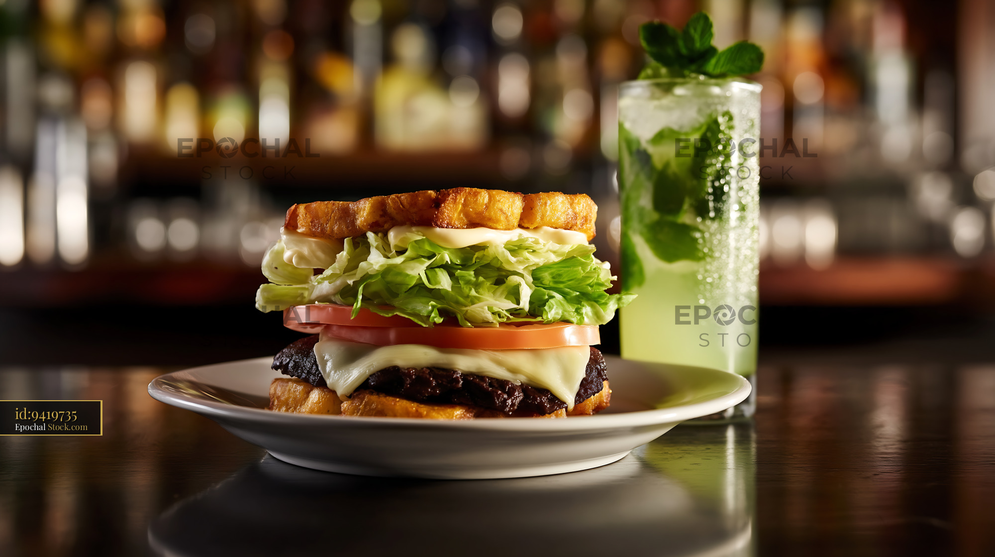 Jibarito Burger with Plantain Bread, Beef, and Cheese in Modern Restaurant - stock photo