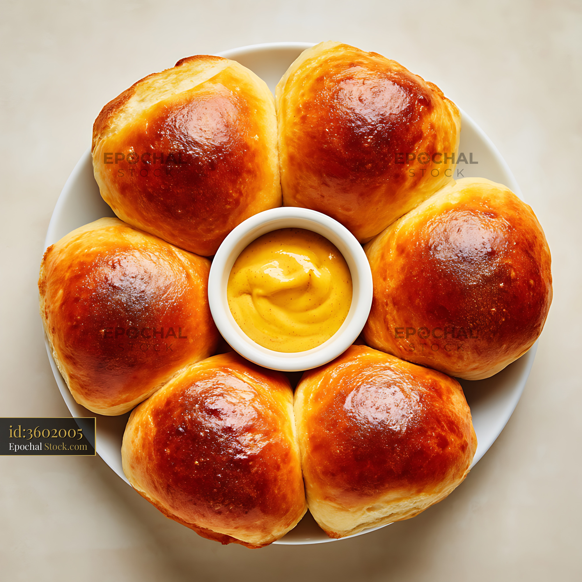 Bierocks with Mustard Dip, Golden Baked Pastries on White Plate - stock photo
