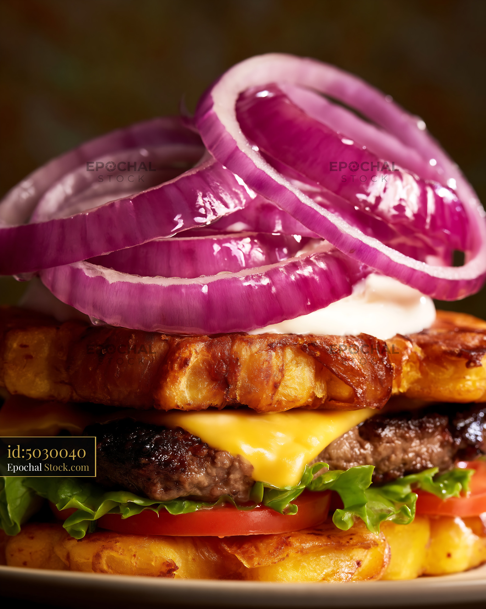 Jibarito Burger Stack with Purple Onion Slices - stock photo