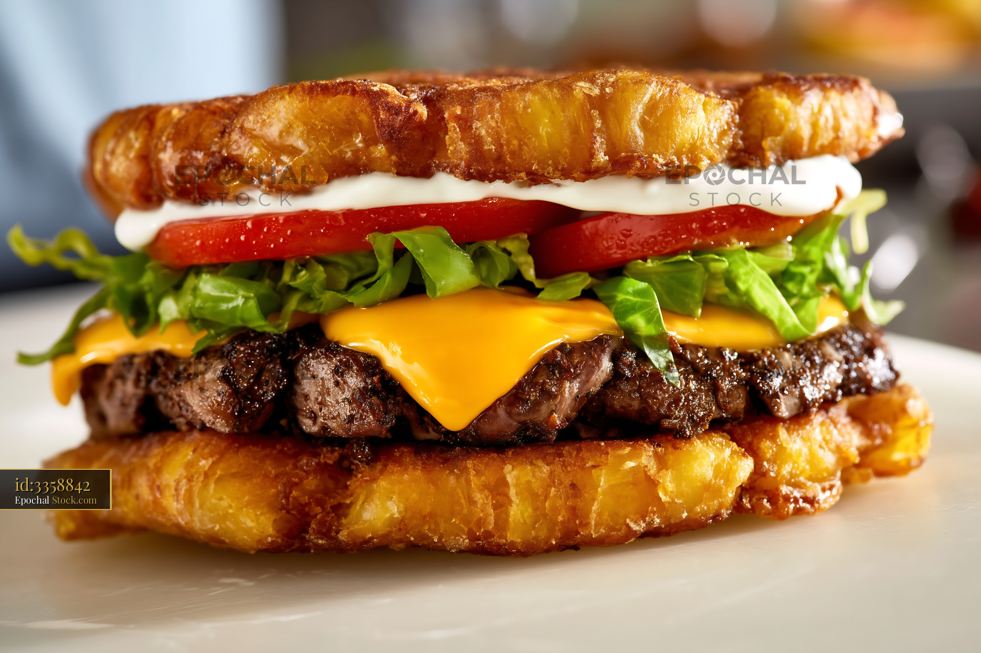 Gourmet Jibarito Burger with Golden Fried Plantains and Melted Cheese - stock photo