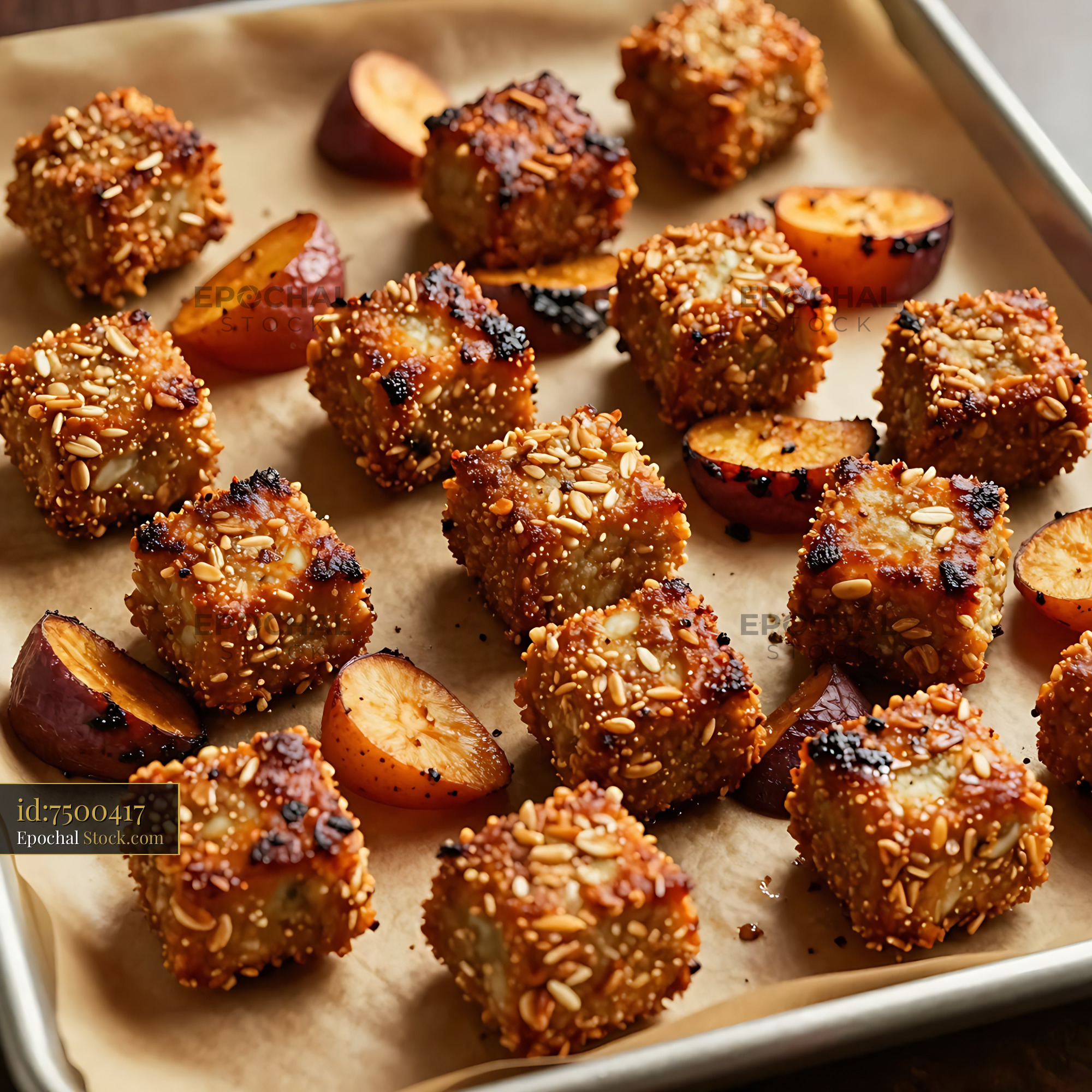 Goetta Patties with Sesame Seeds and Roasted Apples - stock photo