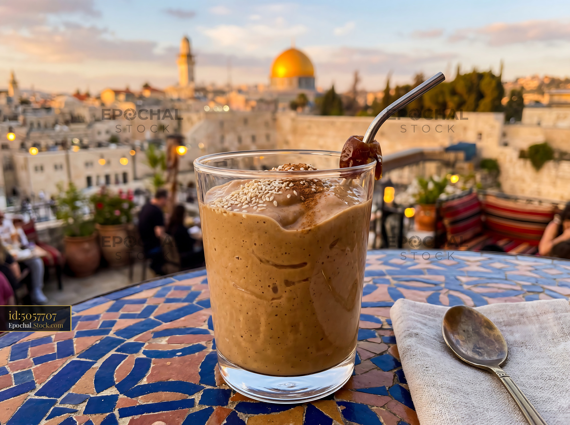 Tahini Date Shake with Dome of Rock View - stock photo