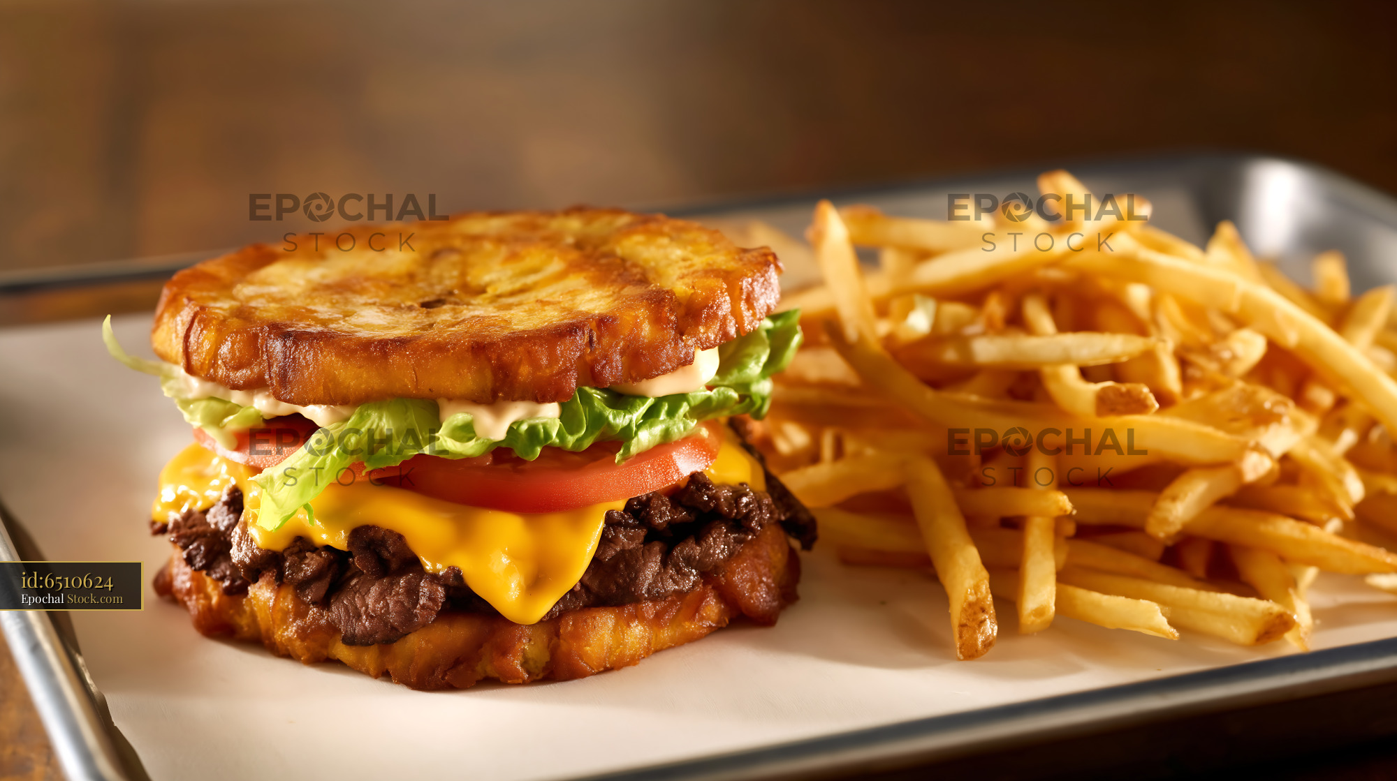 Jibarito Burger with Golden Fries & Cheese - stock photo