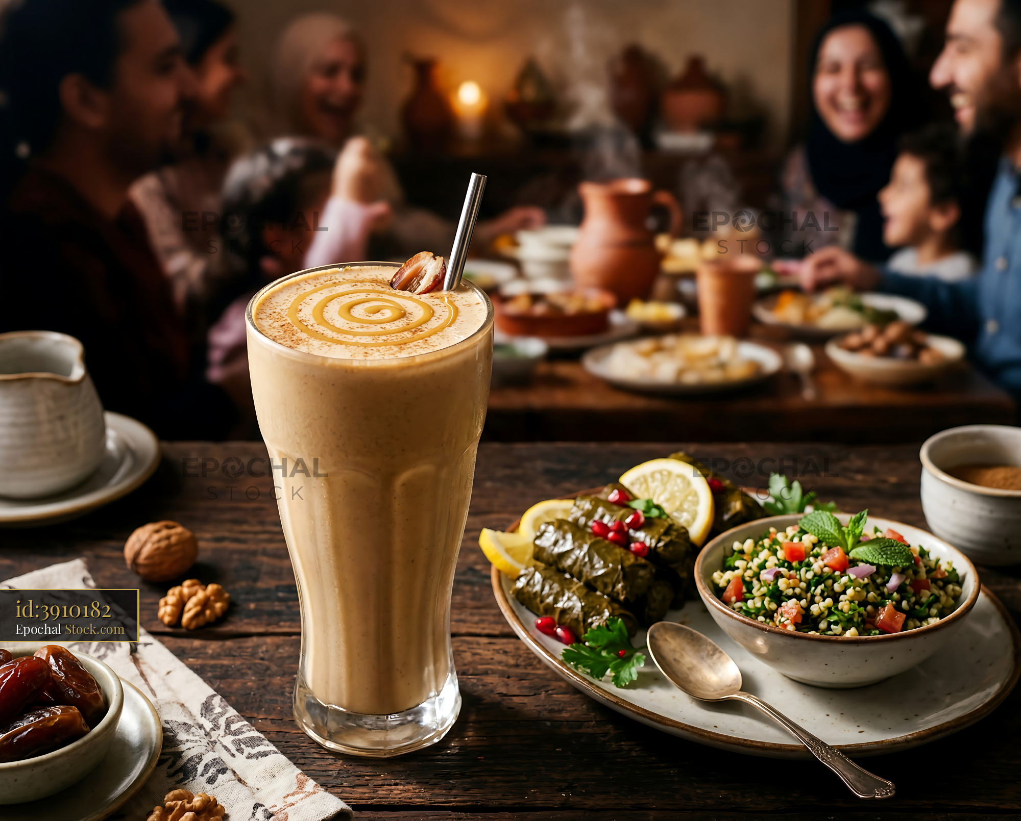 Tahini Date Shake with Latte Art at Dinner - stock photo