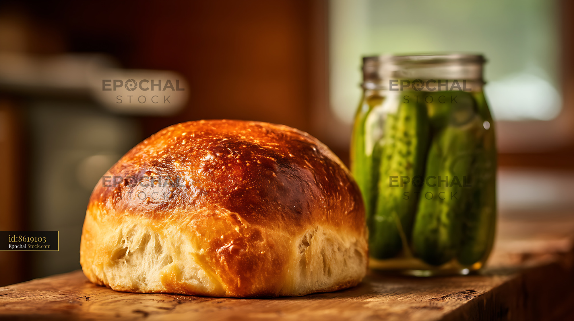 Bierocks Freshly Baked Golden Bread Roll with Pickled Vegetables on Rustic Board - stock photo