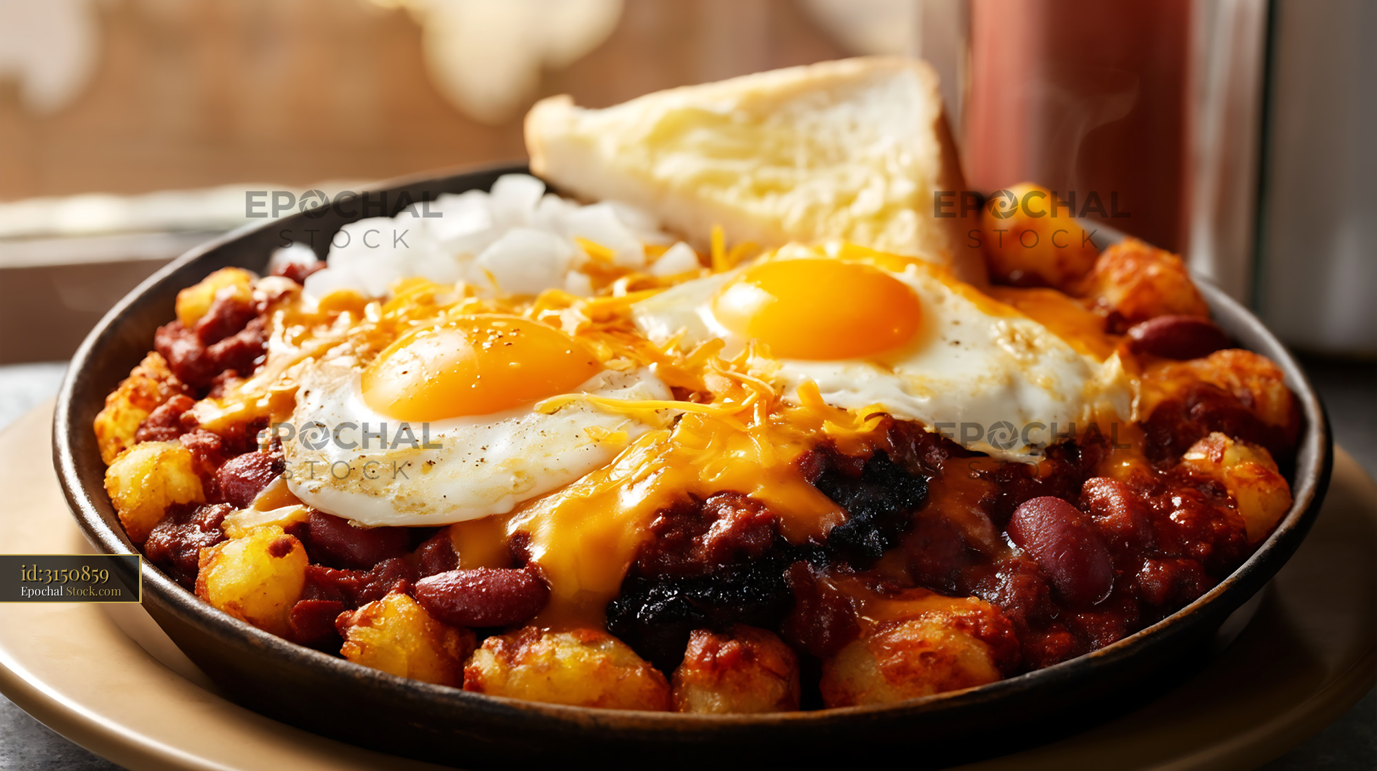 St. Louis Slinger Breakfast Skillet with Fried Eggs - stock photo