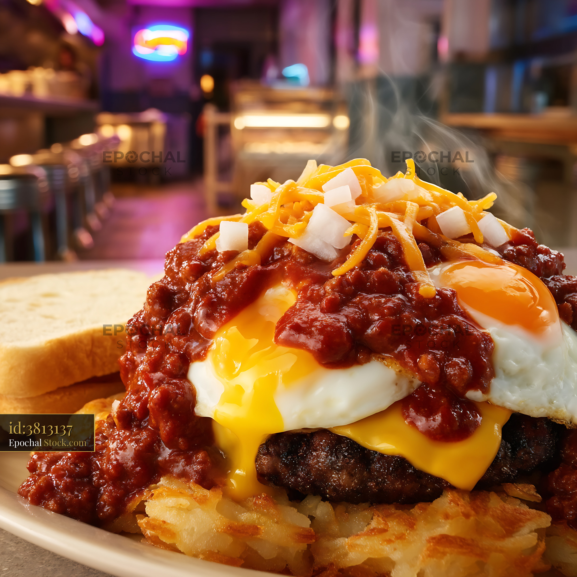 St. Louis Slinger with Egg and Chili at Diner - stock photo