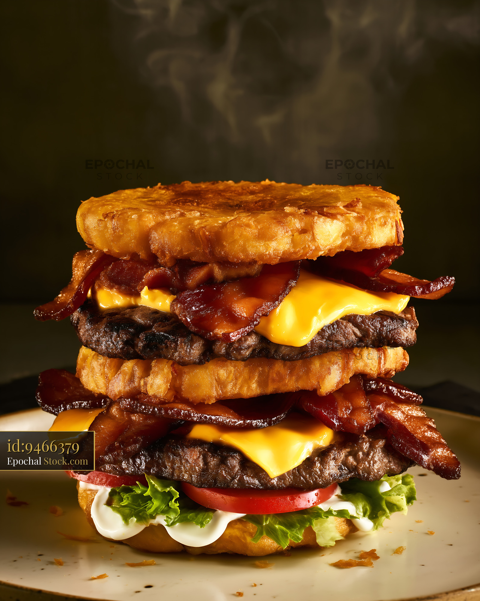 Jibarito Burger with Double Beef Patty, Bacon, and Cheese on Fried Plantain - stock photo