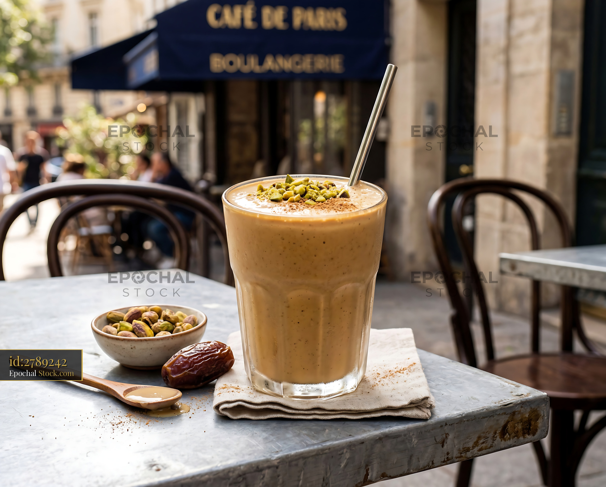 Tahini Date Shake with Pistachios at Parisian Caf? - stock photo