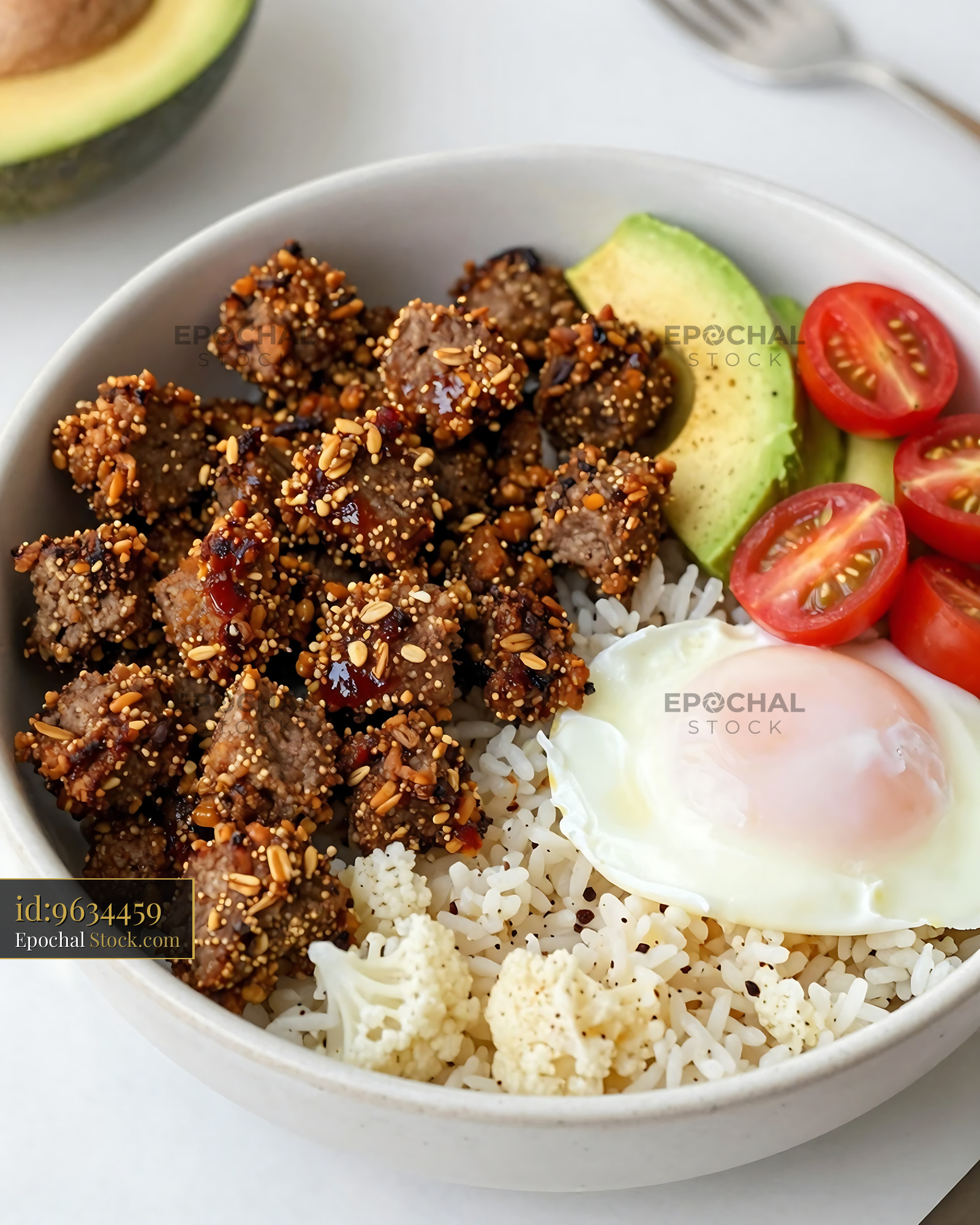 Goetta Sesame Rice Bowl with Fried Egg & Vegetables - stock photo