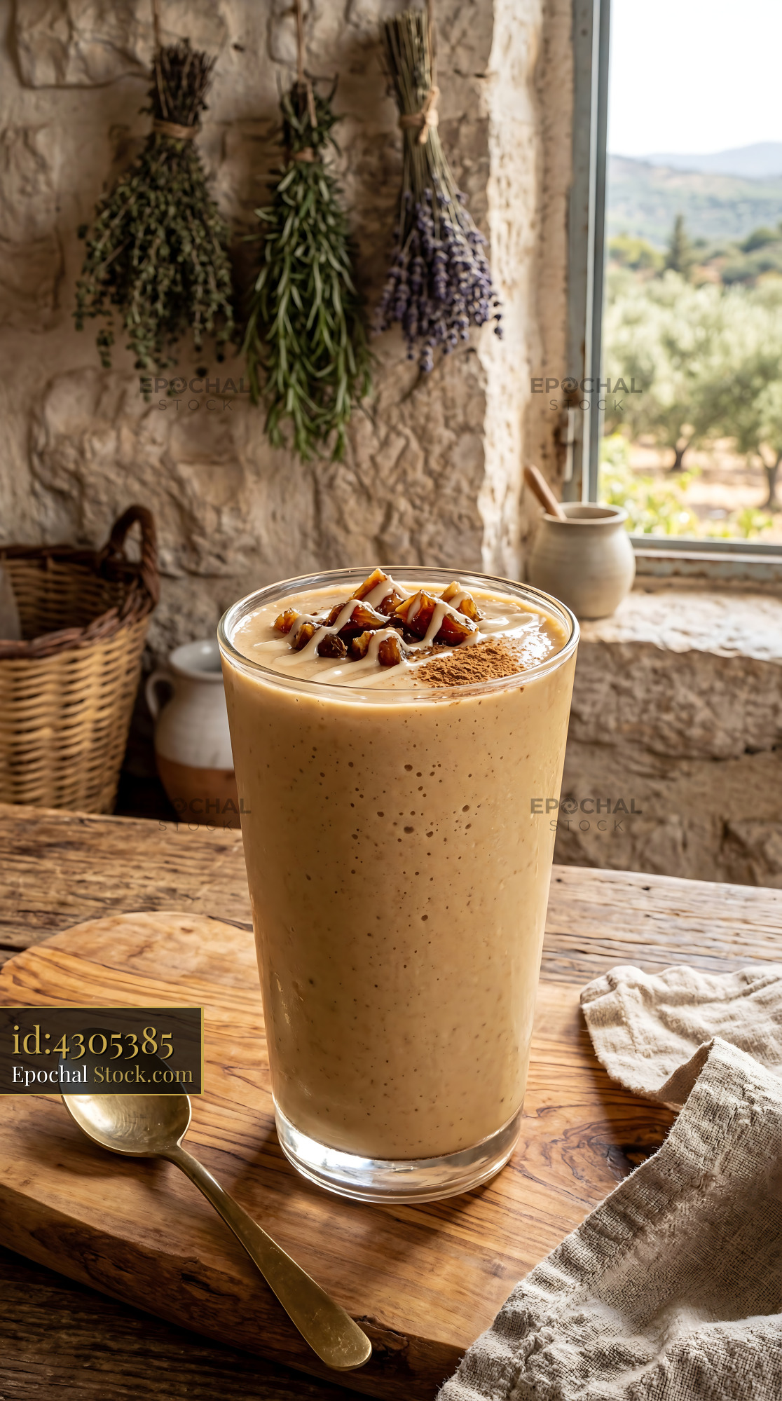 Tahini Date Shake on Rustic Mediterranean Table - stock photo