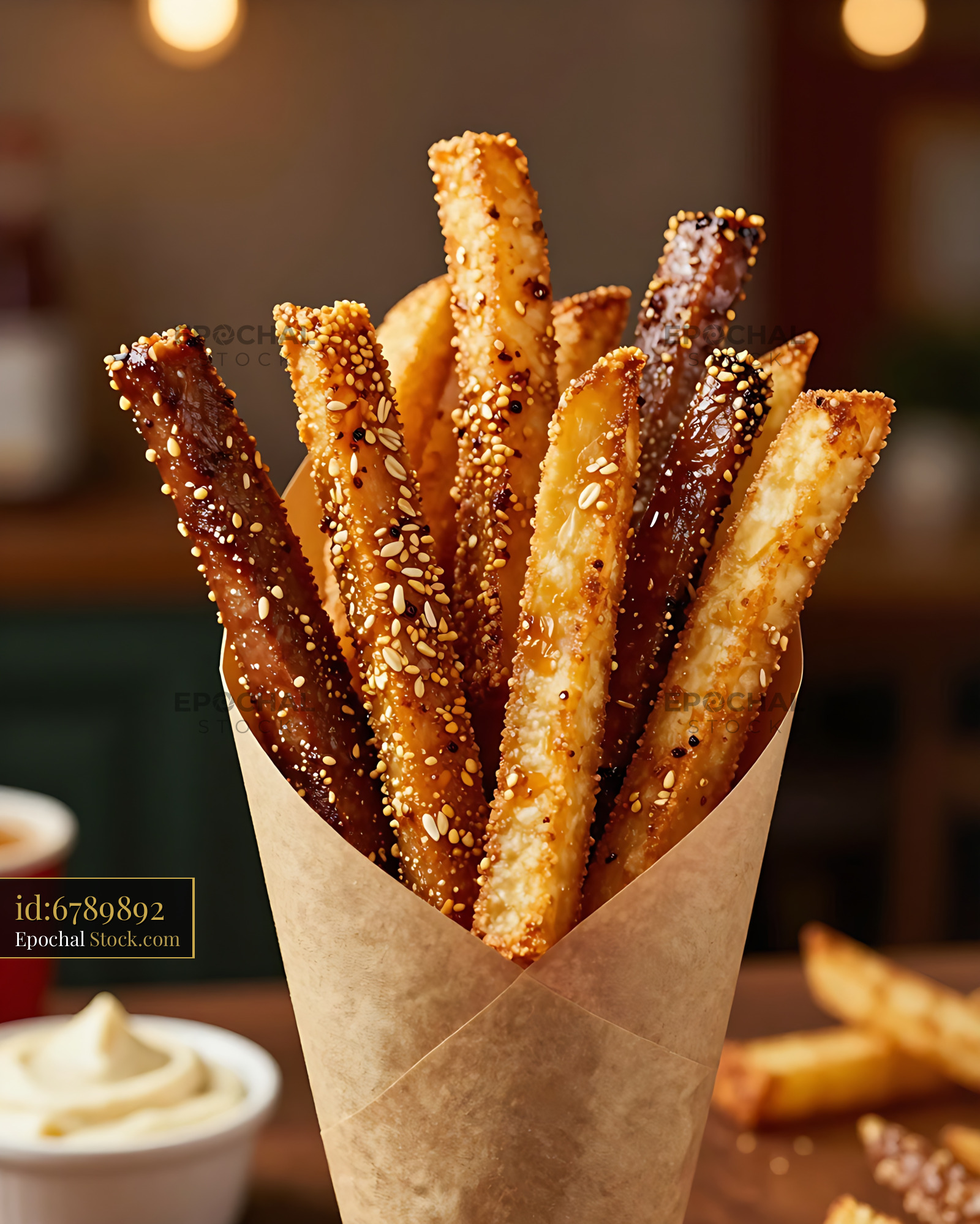 Seeded Breadsticks in Paper Cone, Restaurant - stock photo