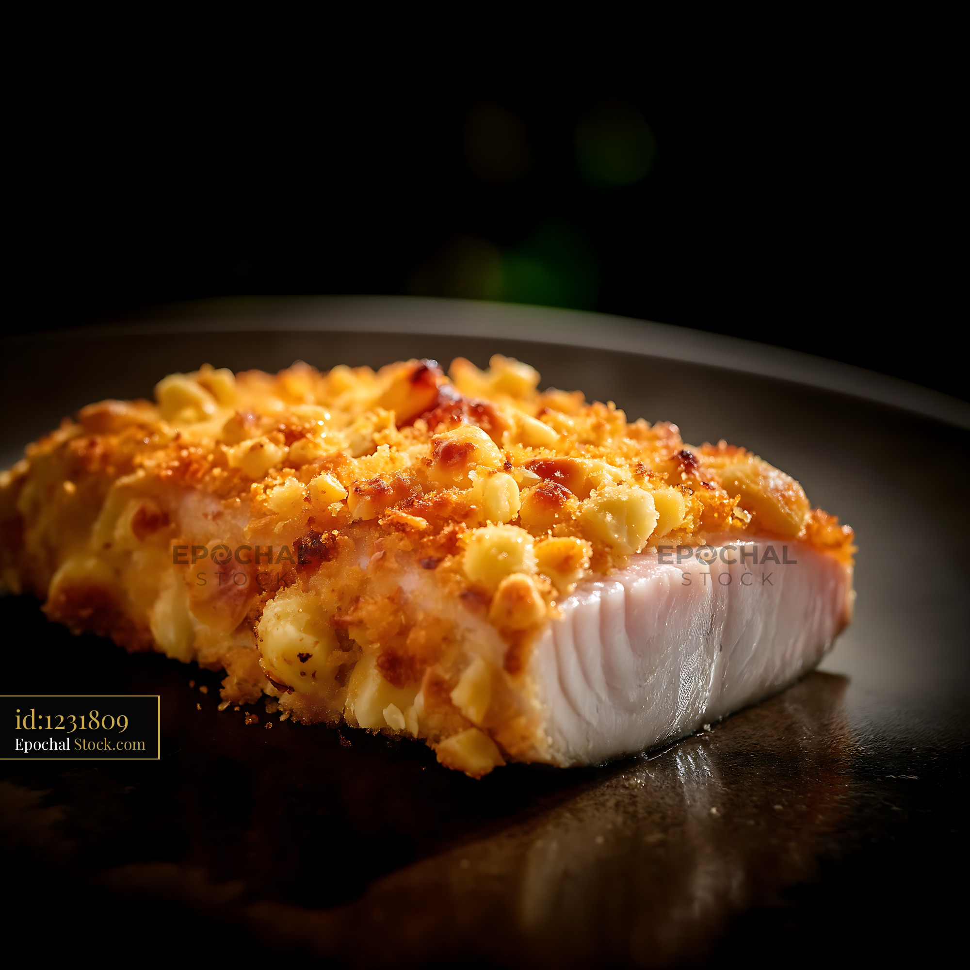 Macadamia Crusted Fish Fillet on Dark Slate - stock photo