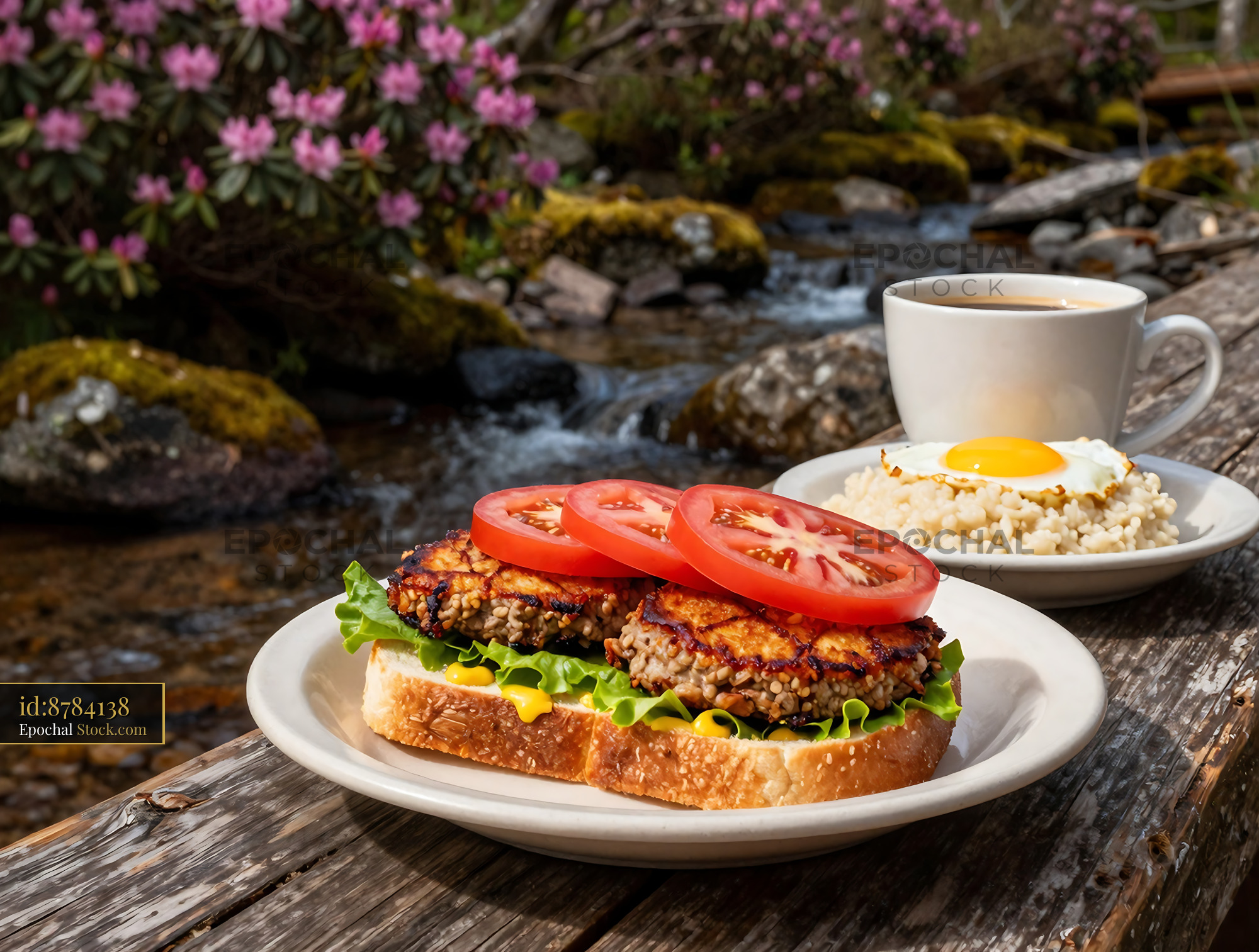 Livermush Sandwich Breakfast by Stream - stock photo