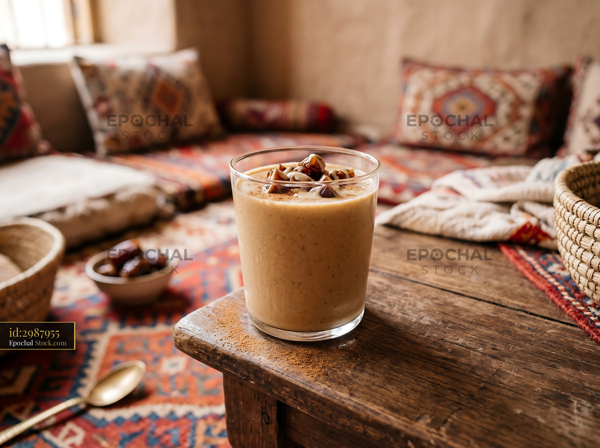 Tahini Date Shake on Rustic Wood Table - stock photo