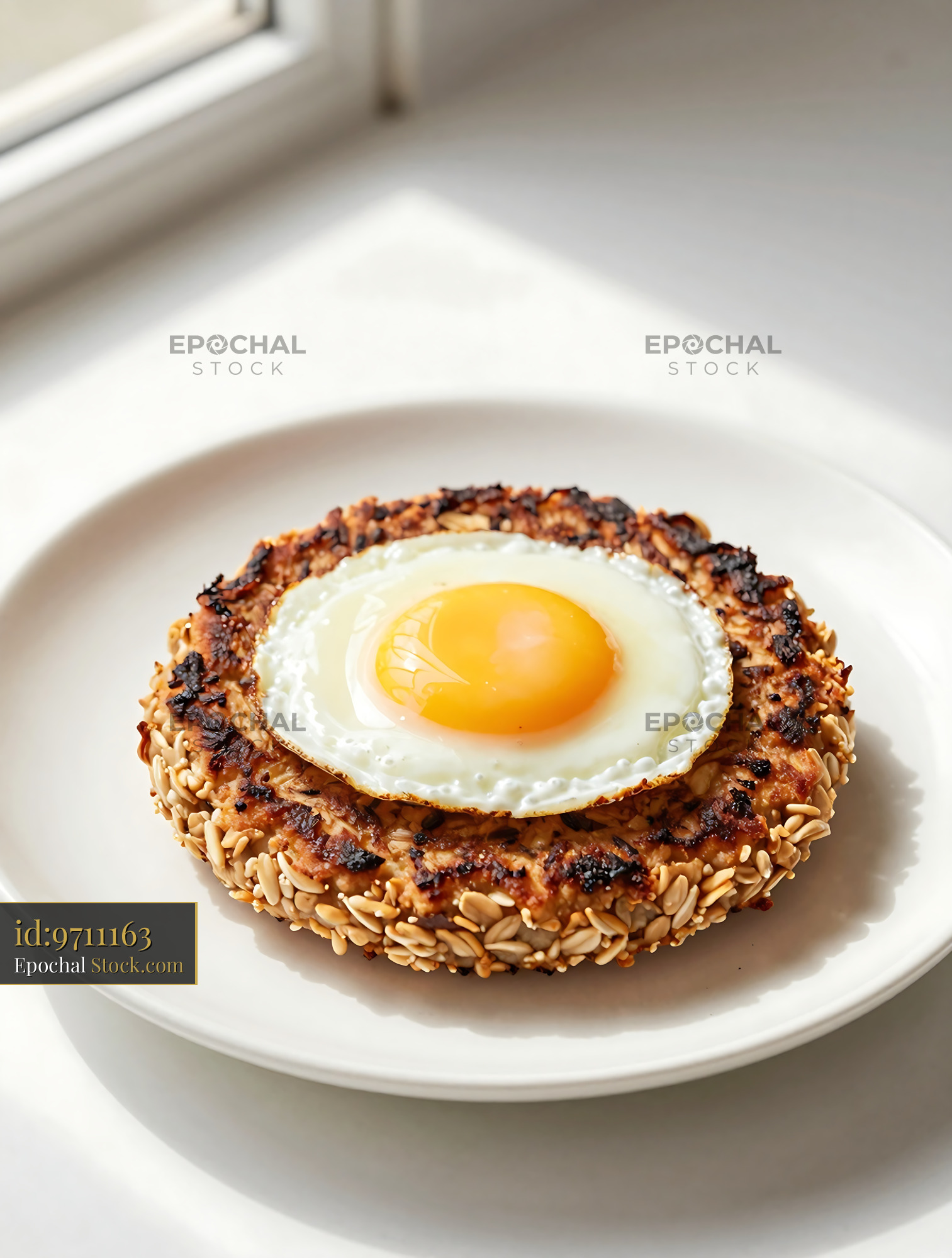 Goetta with Fried Egg, Crispy Sesame Seed Crust - stock photo