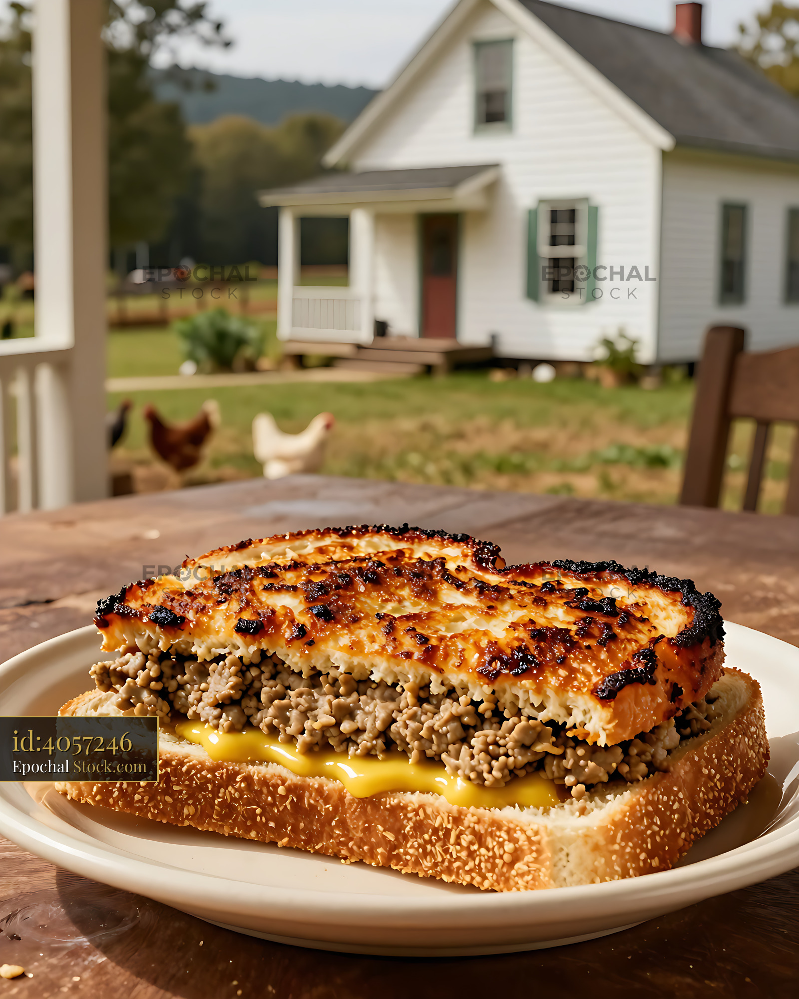 Livermush Sandwich with Cheese on Farmhouse Table - stock photo