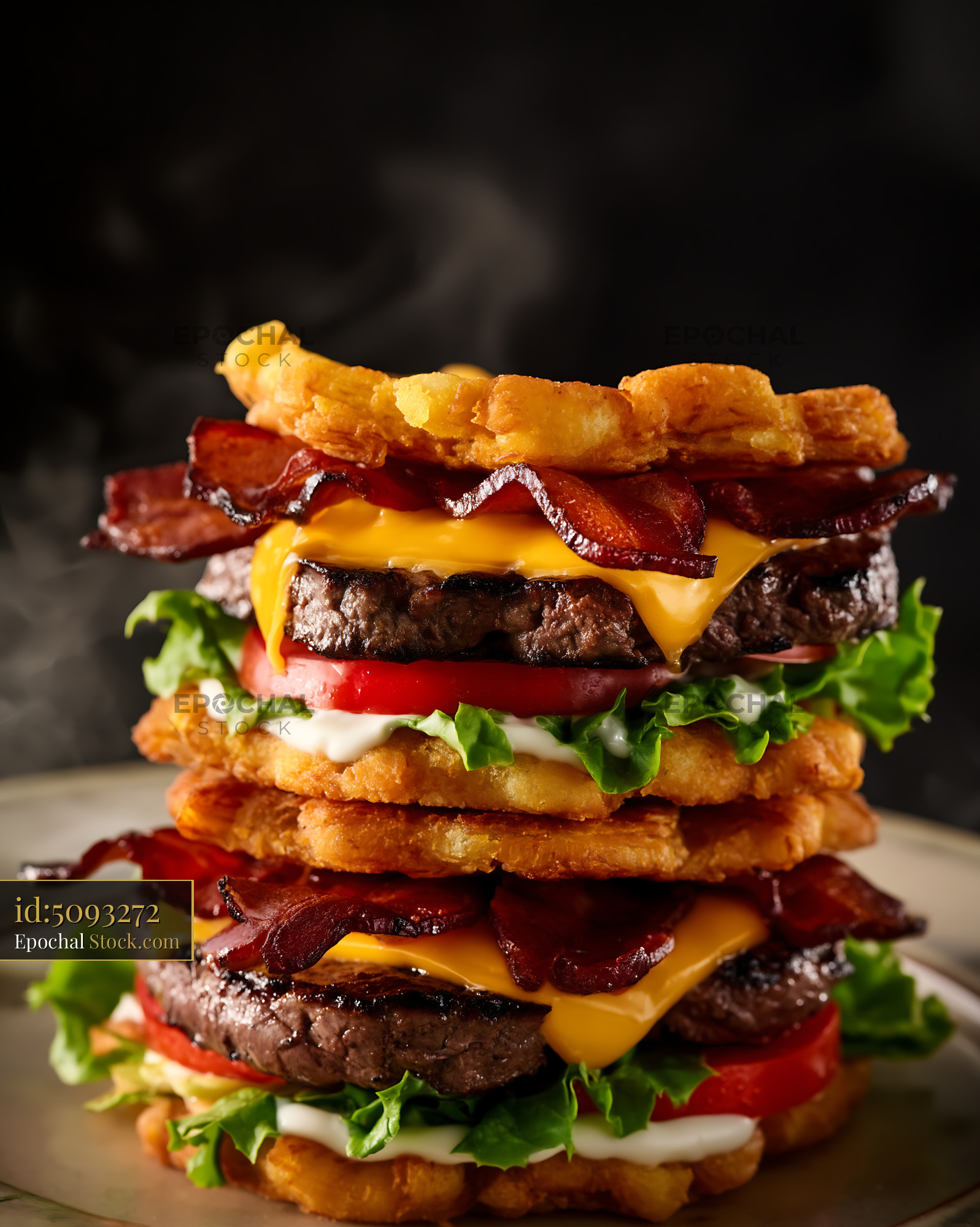 Jibarito Burger Stacked with Bacon and Melted Cheese - stock photo