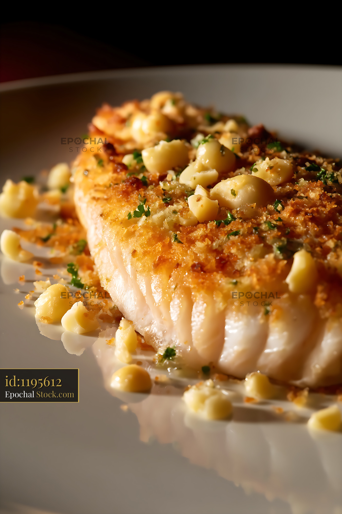 Herb-Crusted Fish Fillet with Corn Kernels - stock photo