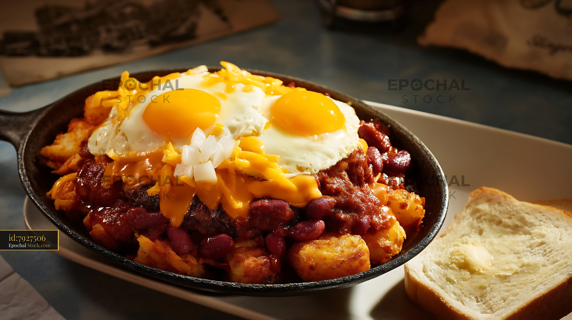 St. Louis Slinger with Fried Eggs in Cast Iron - stock photo