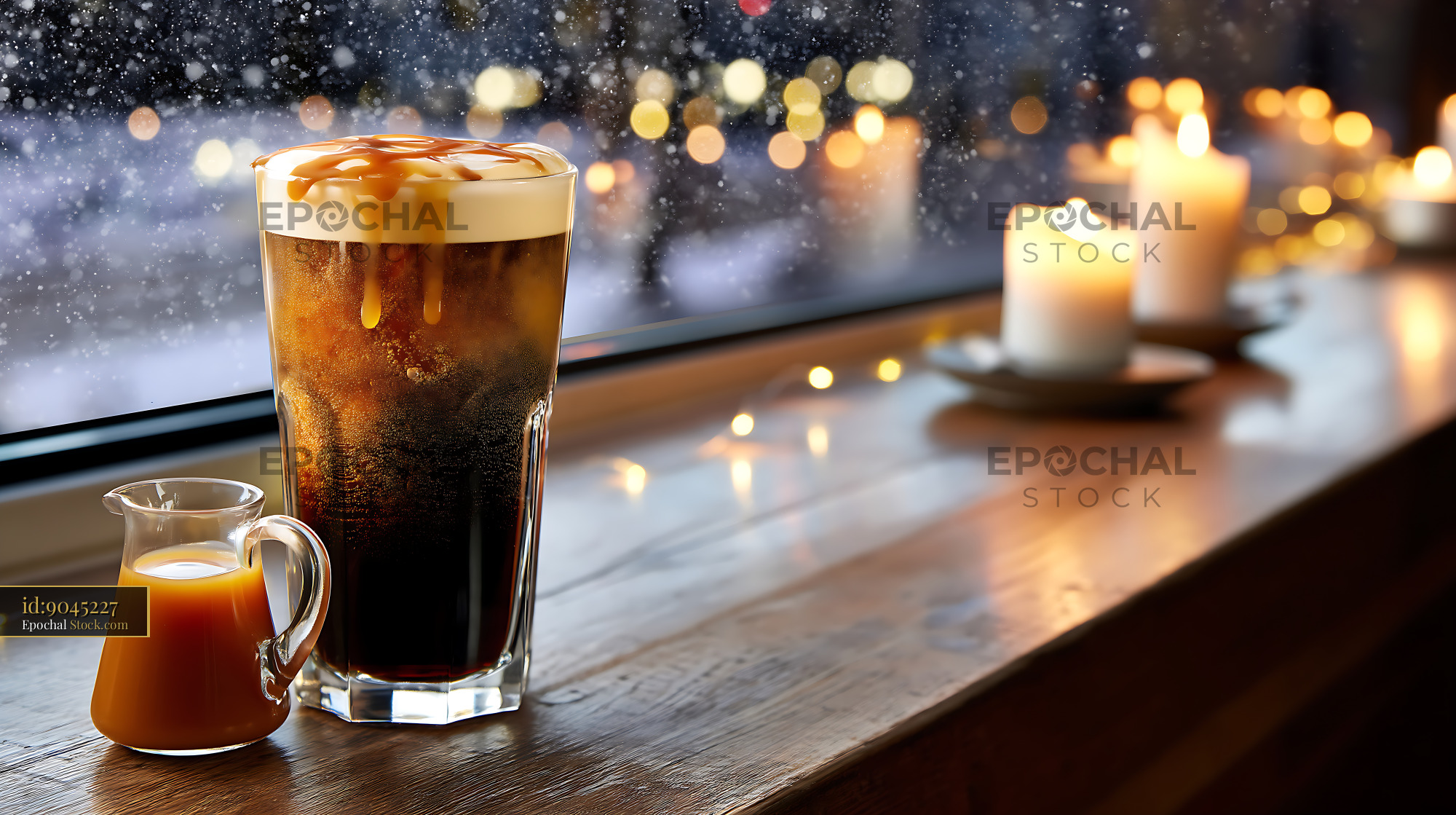 Nitro Caramel Coffee Windowsill Winter Scene - stock photo