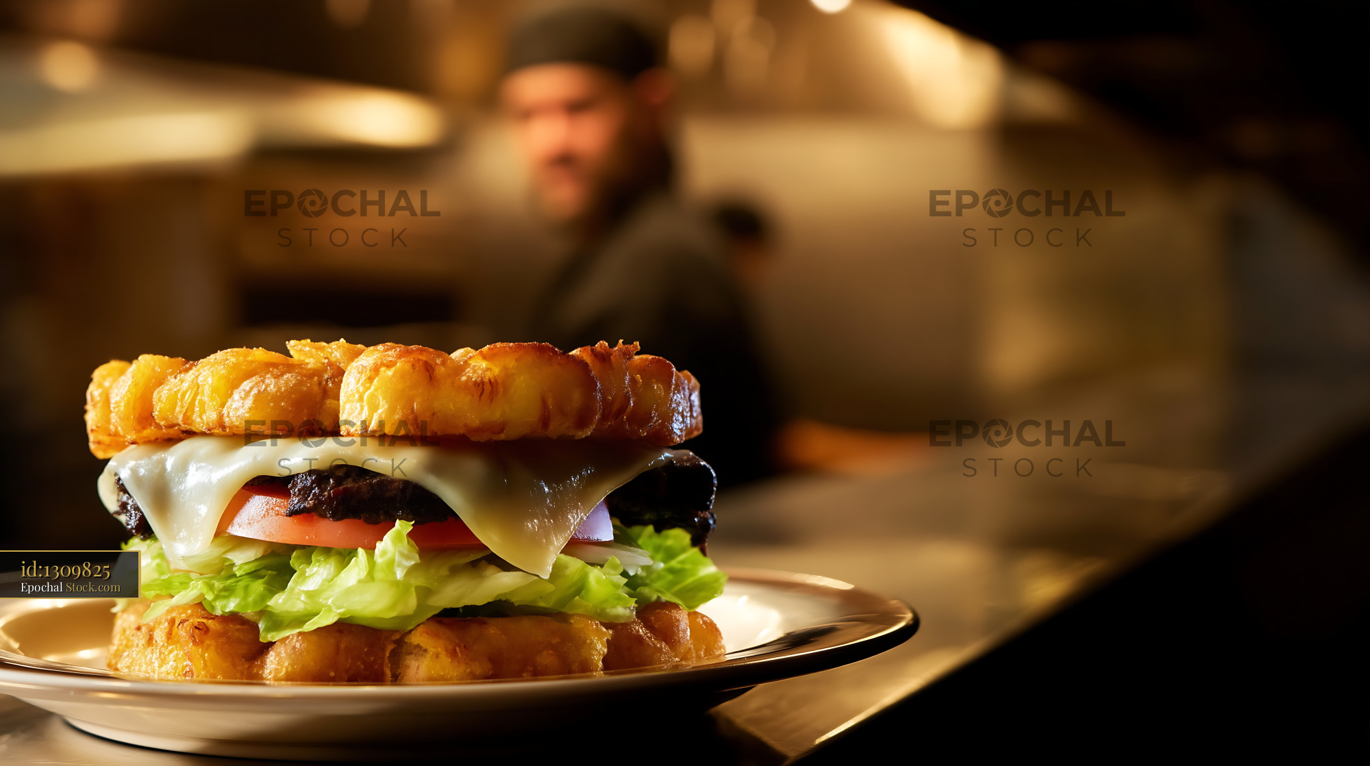 Jibarito Burger with Crispy Fried Plantains and Melted Cheese - stock photo