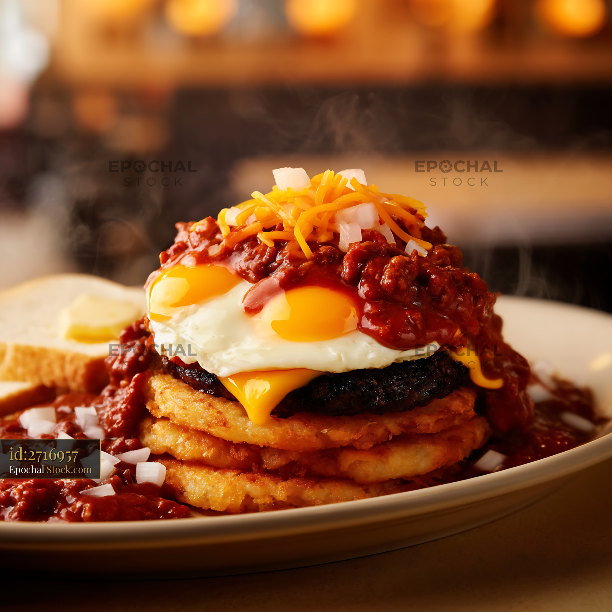 St. Louis Slinger with Fried Eggs and Chili - stock photo