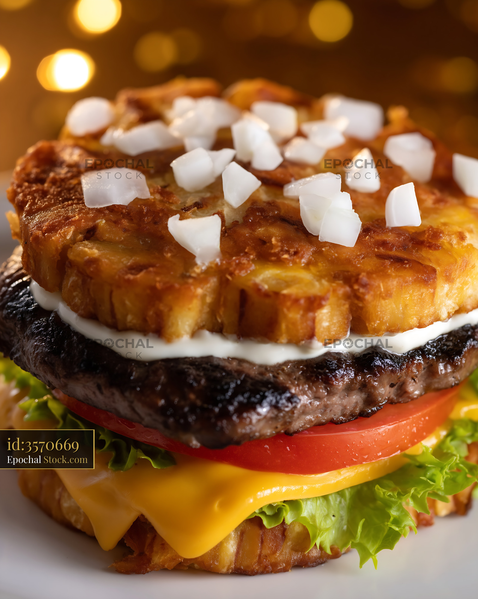 Jibarito Burger with Coconut Flakes, Melted Cheese and Fresh Vegetables - stock photo