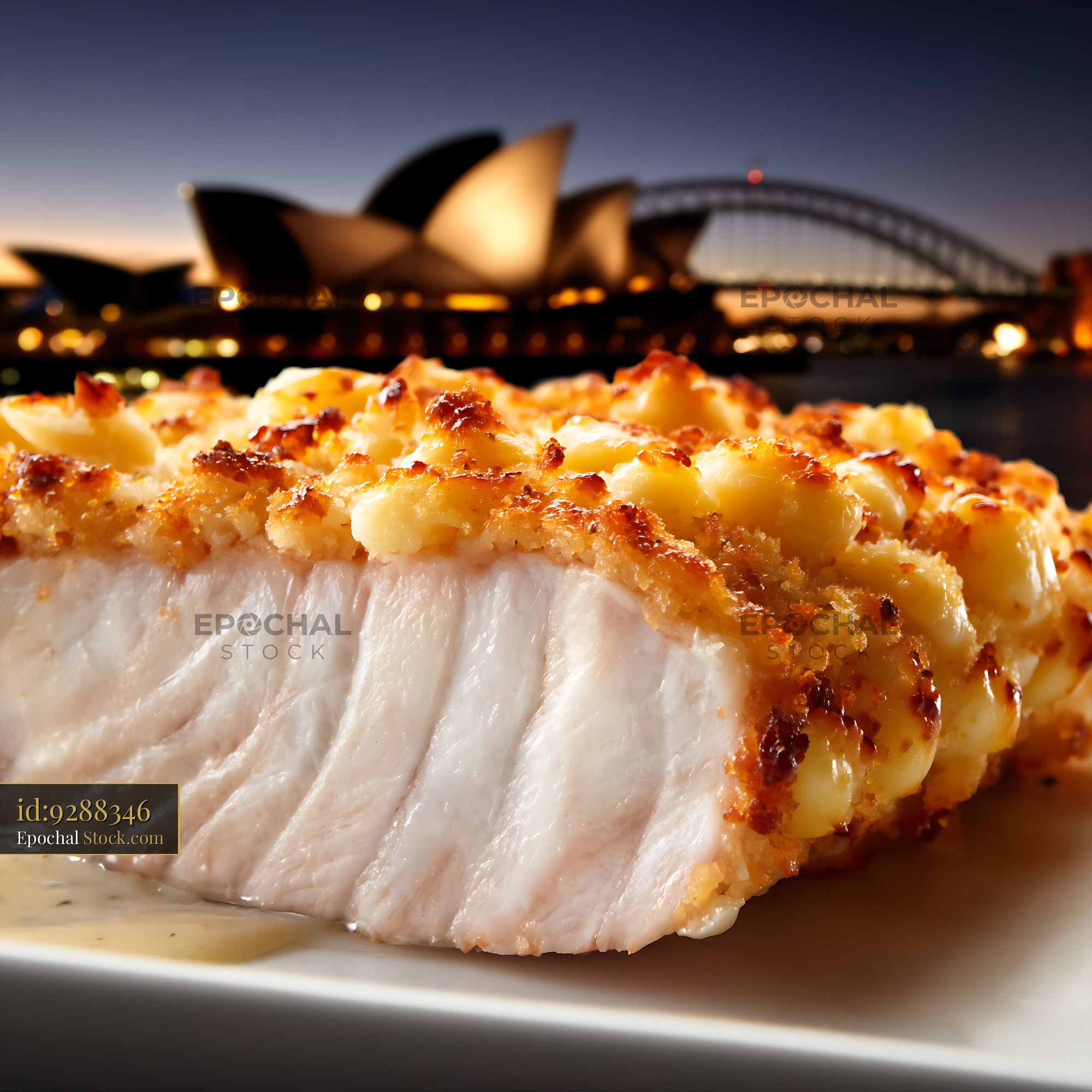 Macadamia Crusted Fish with Sydney Opera House - stock photo