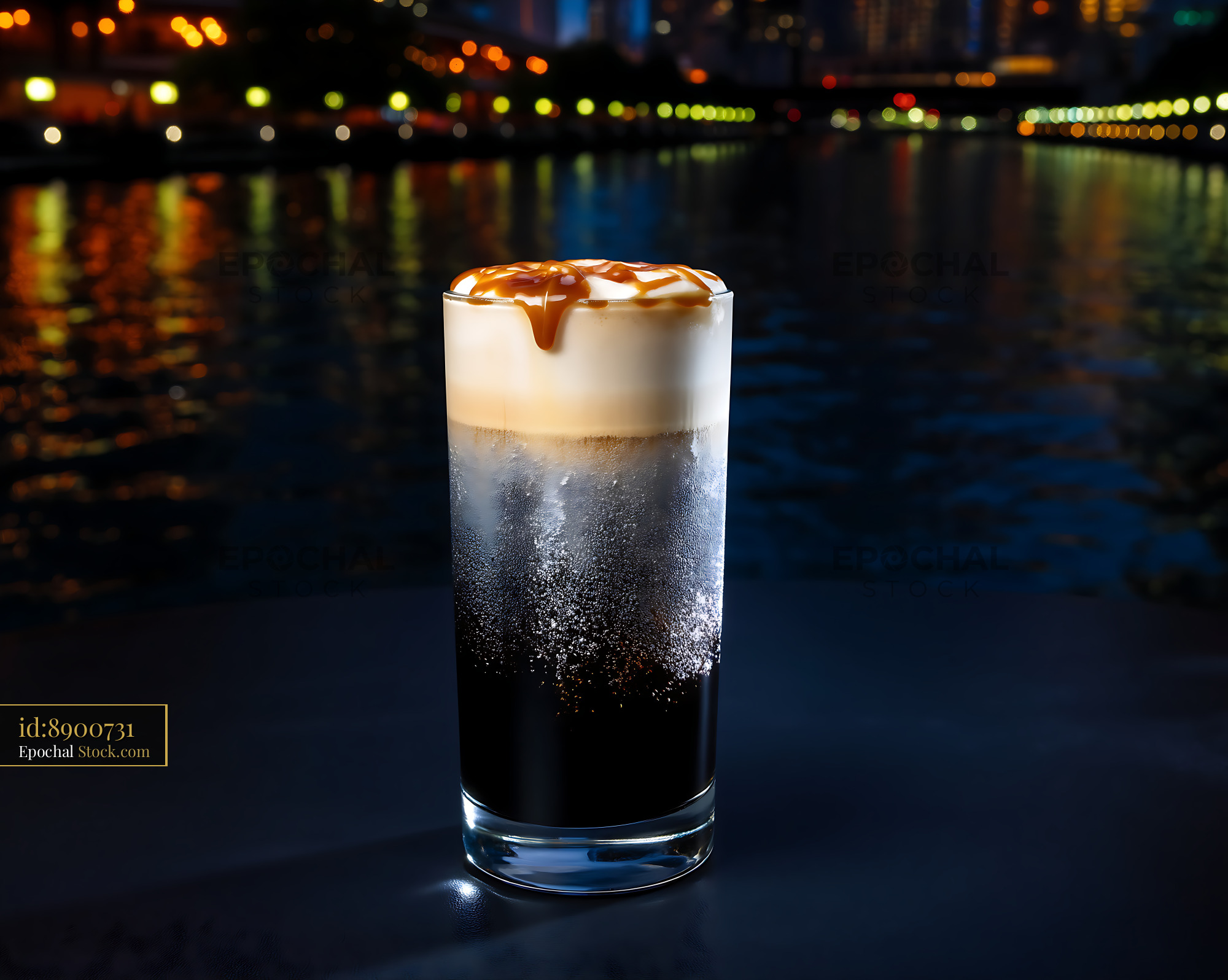 Nitro Caramel Coffee Against Urban Lights - stock photo
