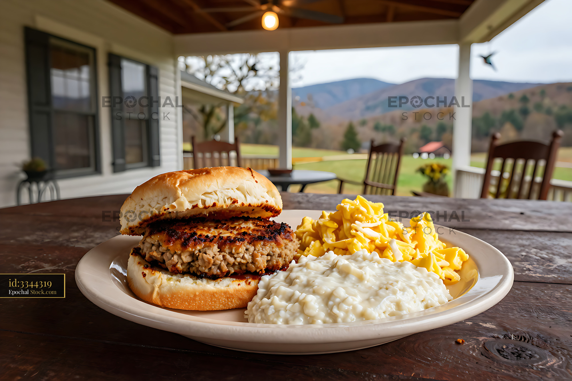 Livermush Sandwich Plate with Fries on Mountain Porch - stock photo