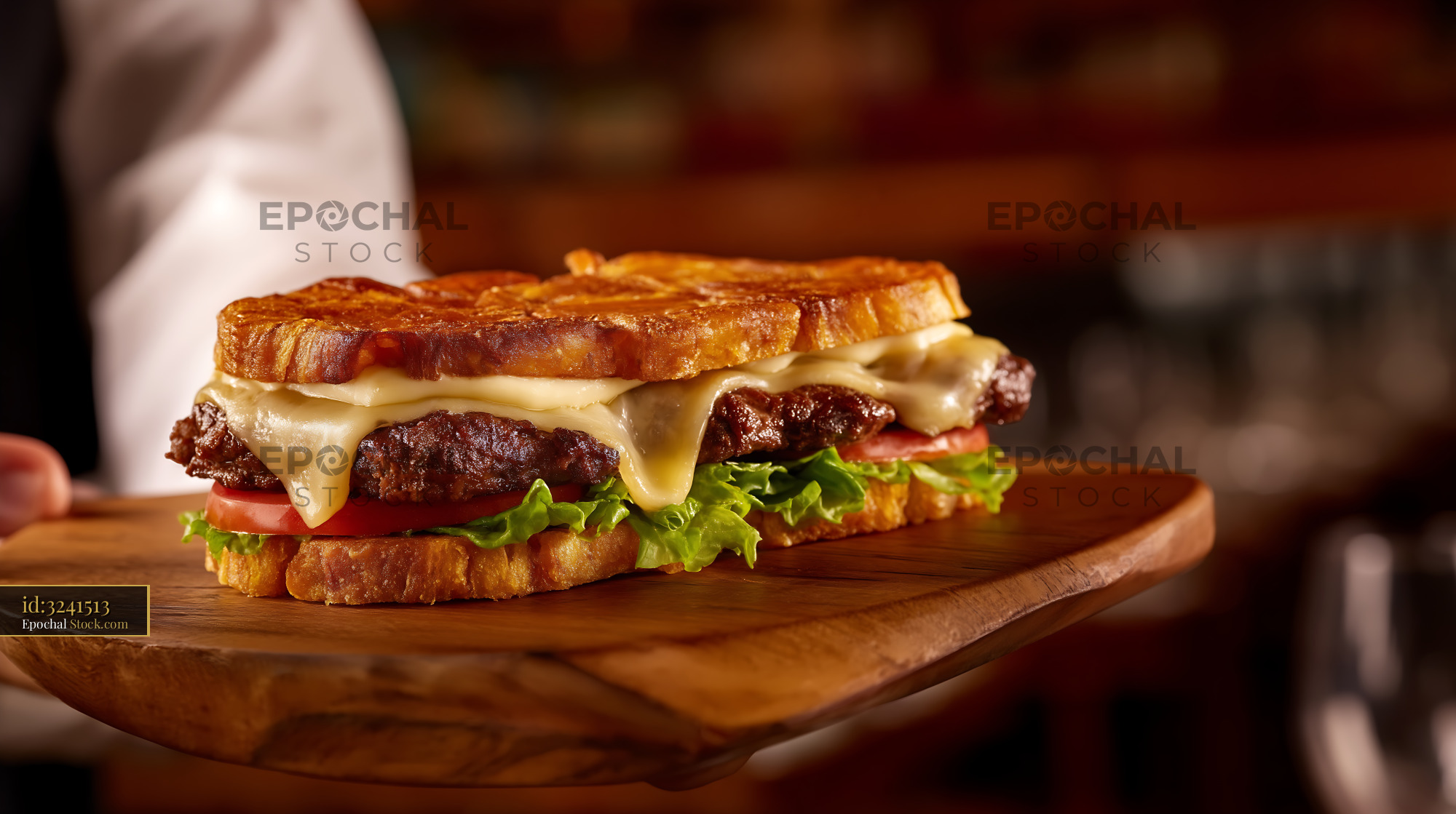 Jibarito Burger with Melted Cheese on Wood - stock photo