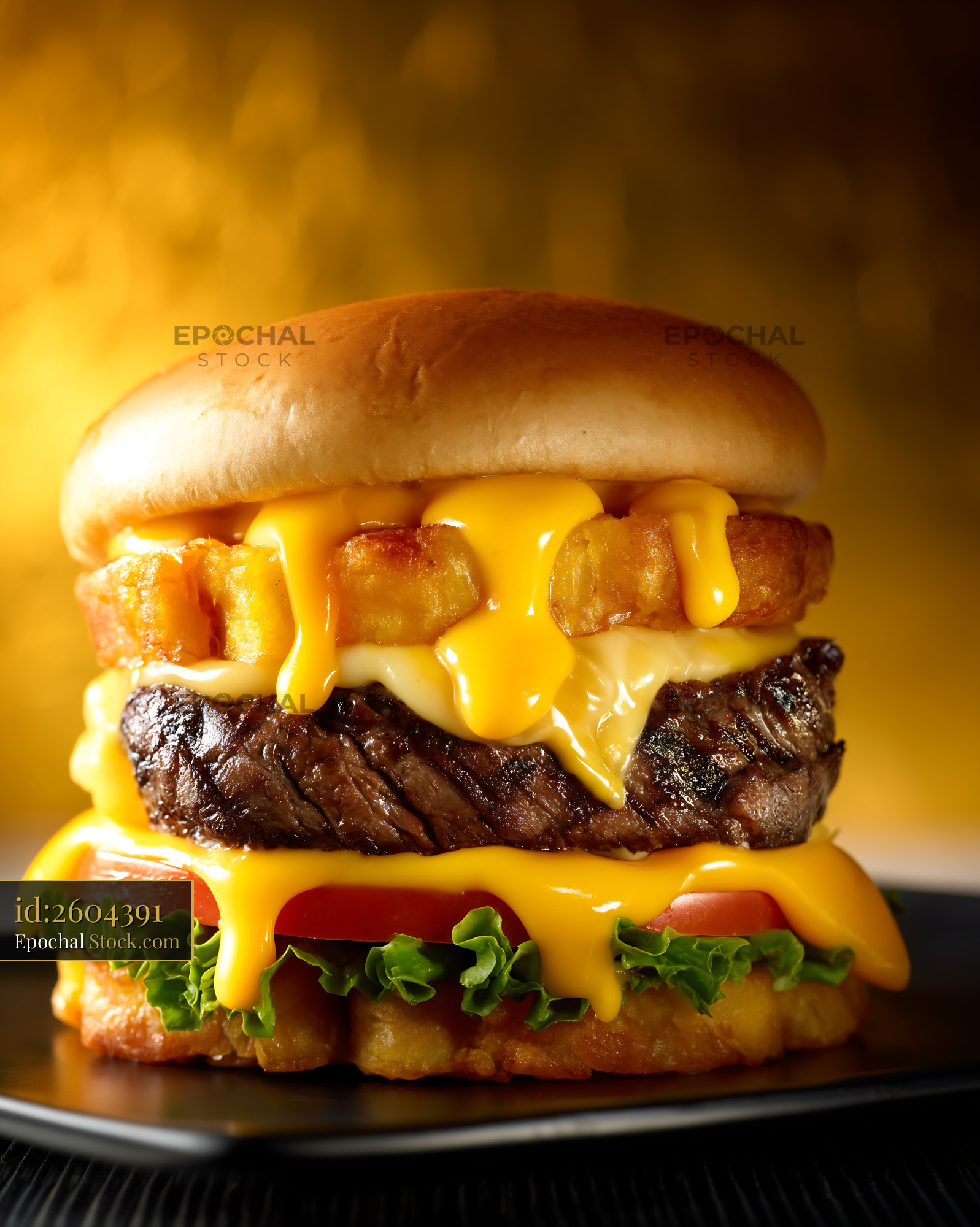 Jibarito Burger with Melted Cheese, Crispy Plantain, and Gourmet Layers - stock photo