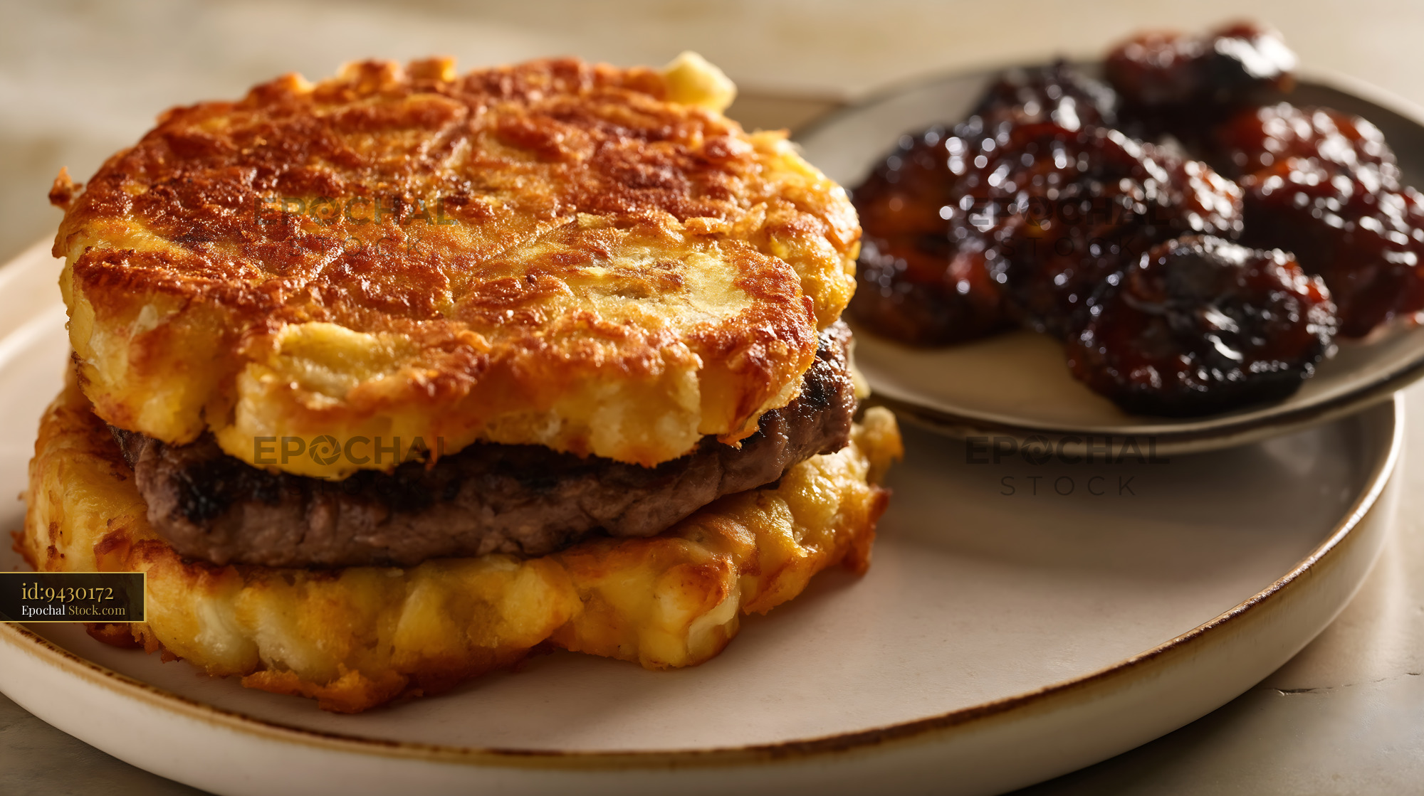 Jibarito Burger with Crispy Fried Plantain Bread and Mojo Sauce - stock photo