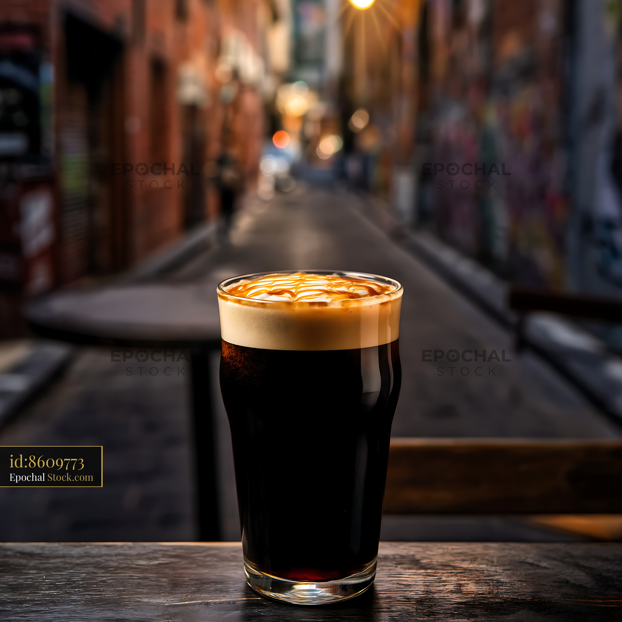 Creamy Nitro Caramel Coffee on European Street - stock photo