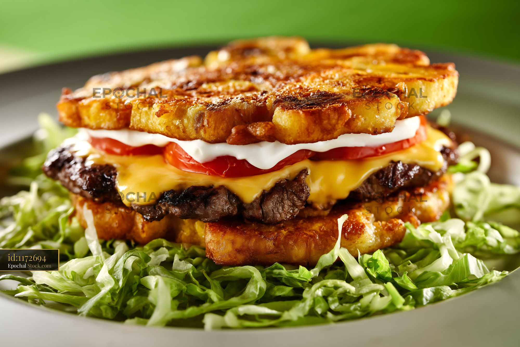Jibarito Burger with Crispy Fried Plantain Bread and Melted Cheese - stock photo