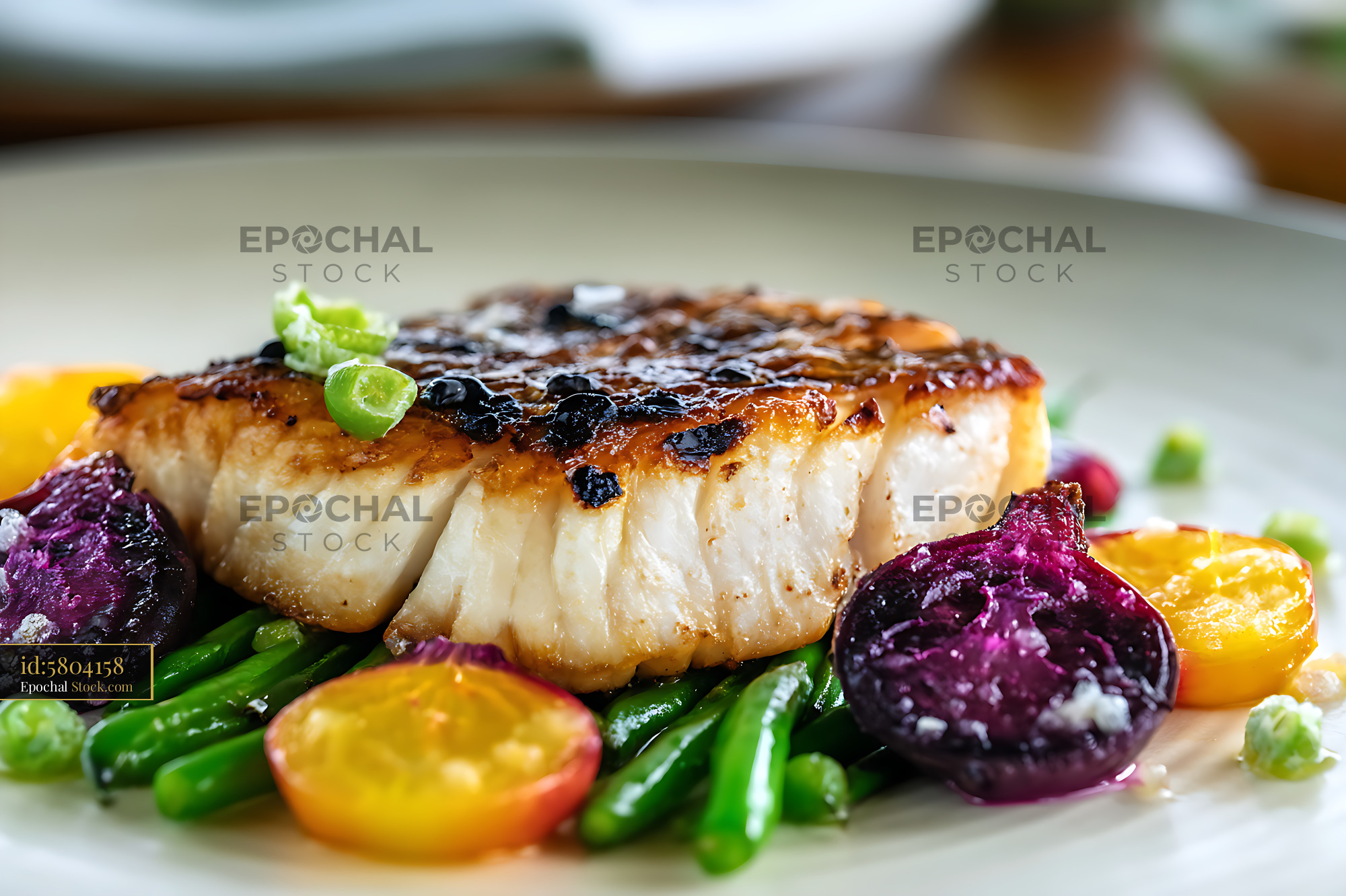 Seared Murray Cod Fillet with Garden Vegetables - stock photo