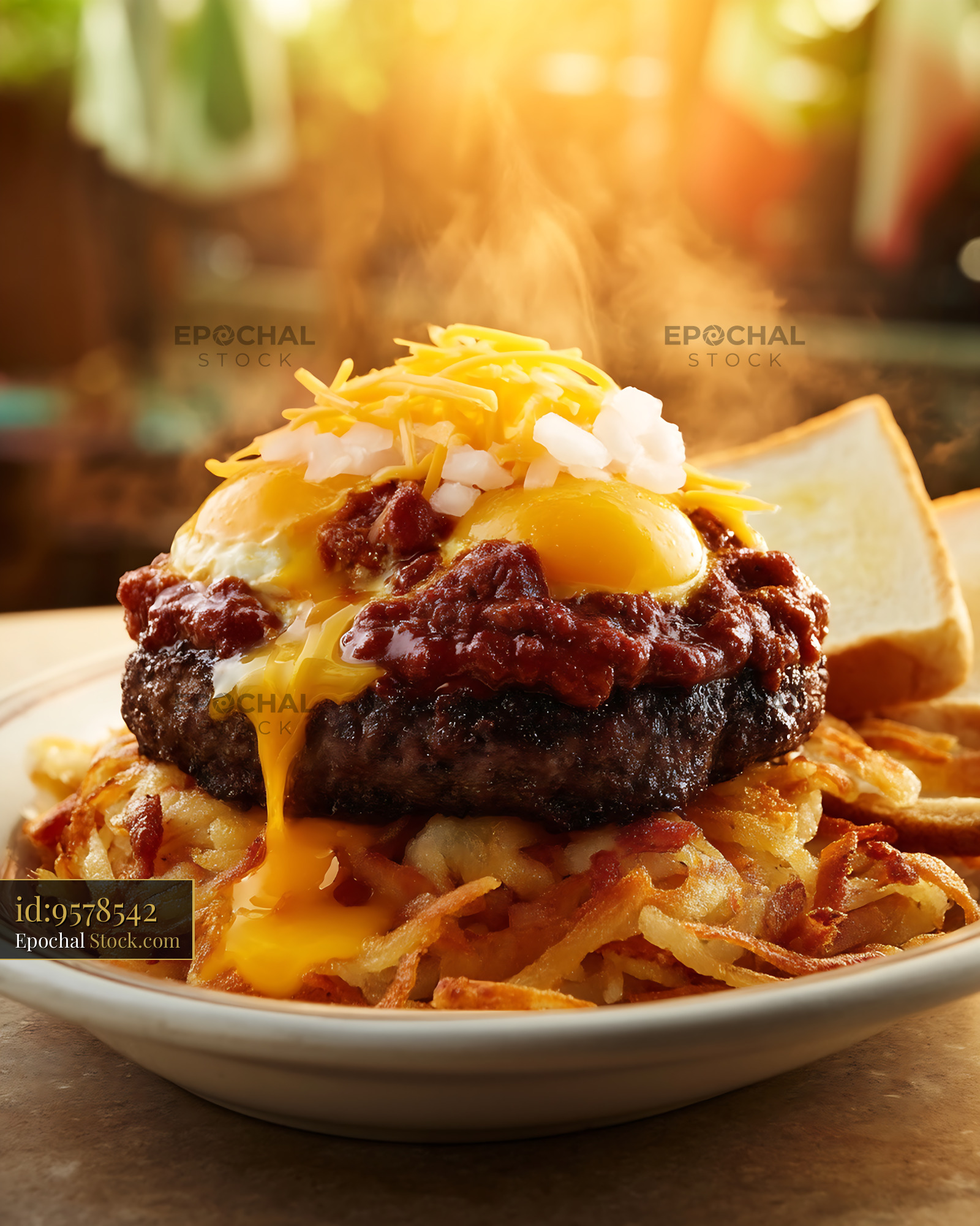 St. Louis Slinger: Chili Burger on Hash Browns - stock photo